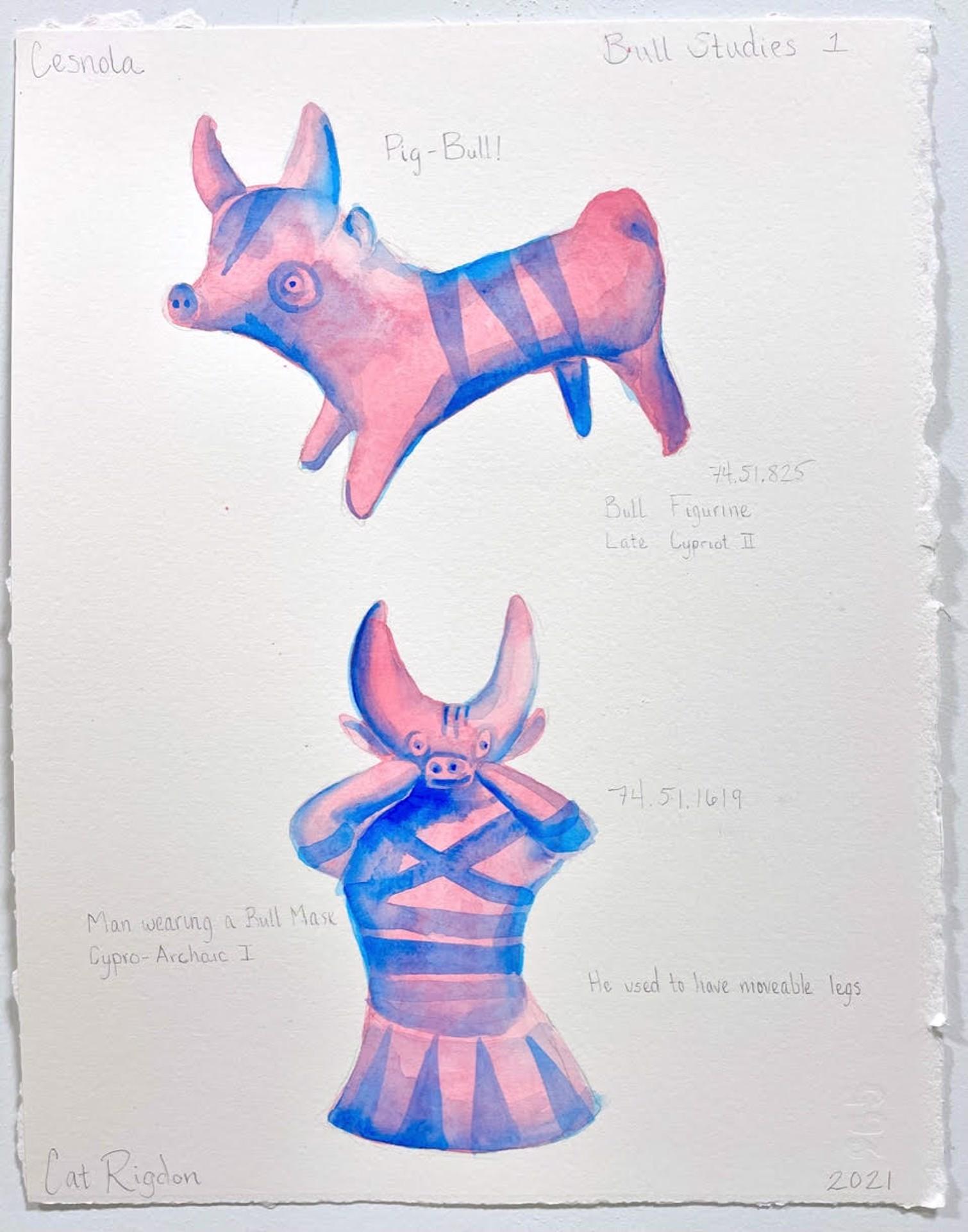 Bull Studies 1, gouache painting, pottery vase/artifact, pink & blue - Painting by Cat Rigdon