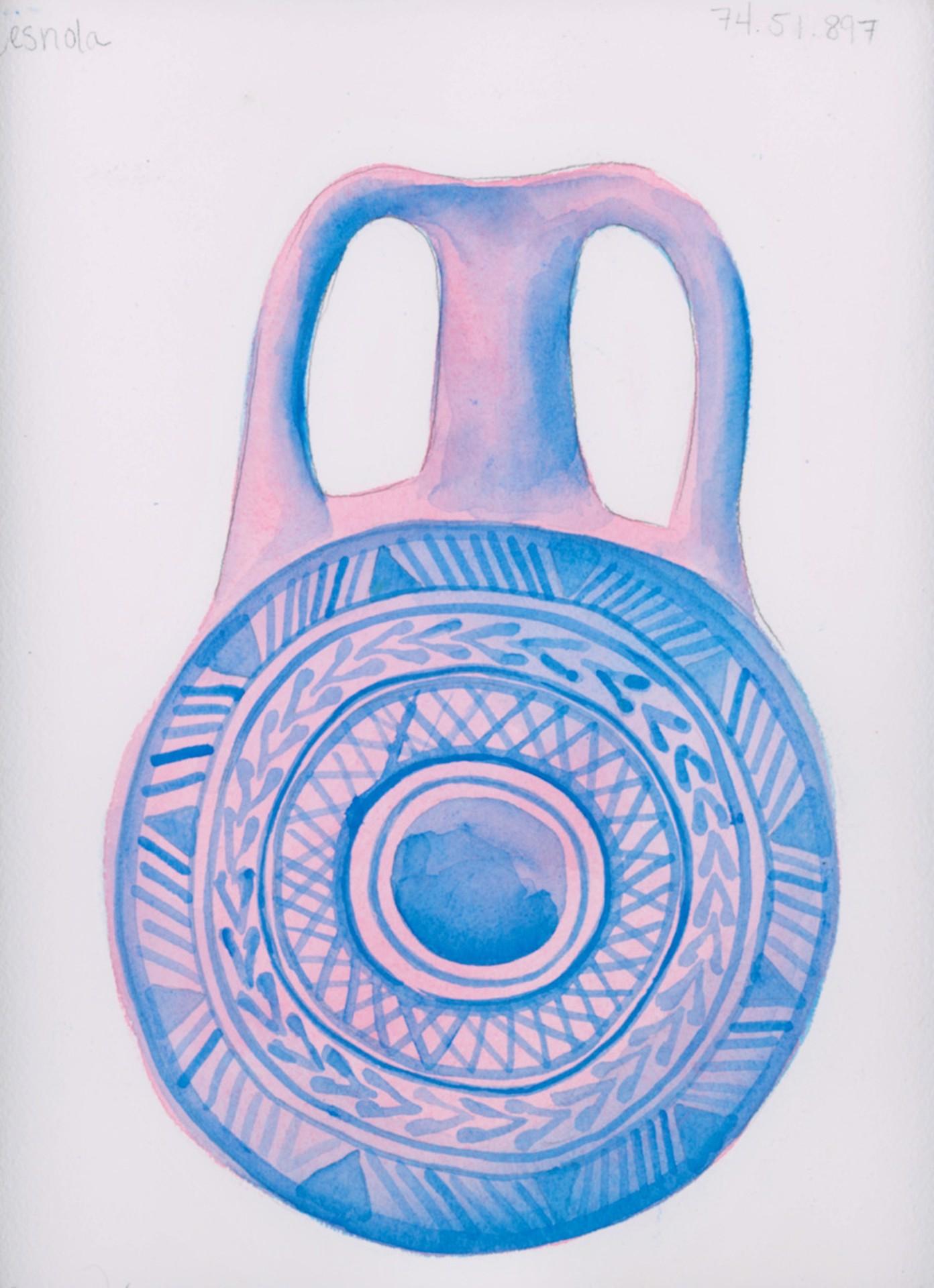 Cat Rigdon Still-Life Painting - Cesnola Geometric Pilgrim Flask 74.51.897, gouache painting, pottery vase