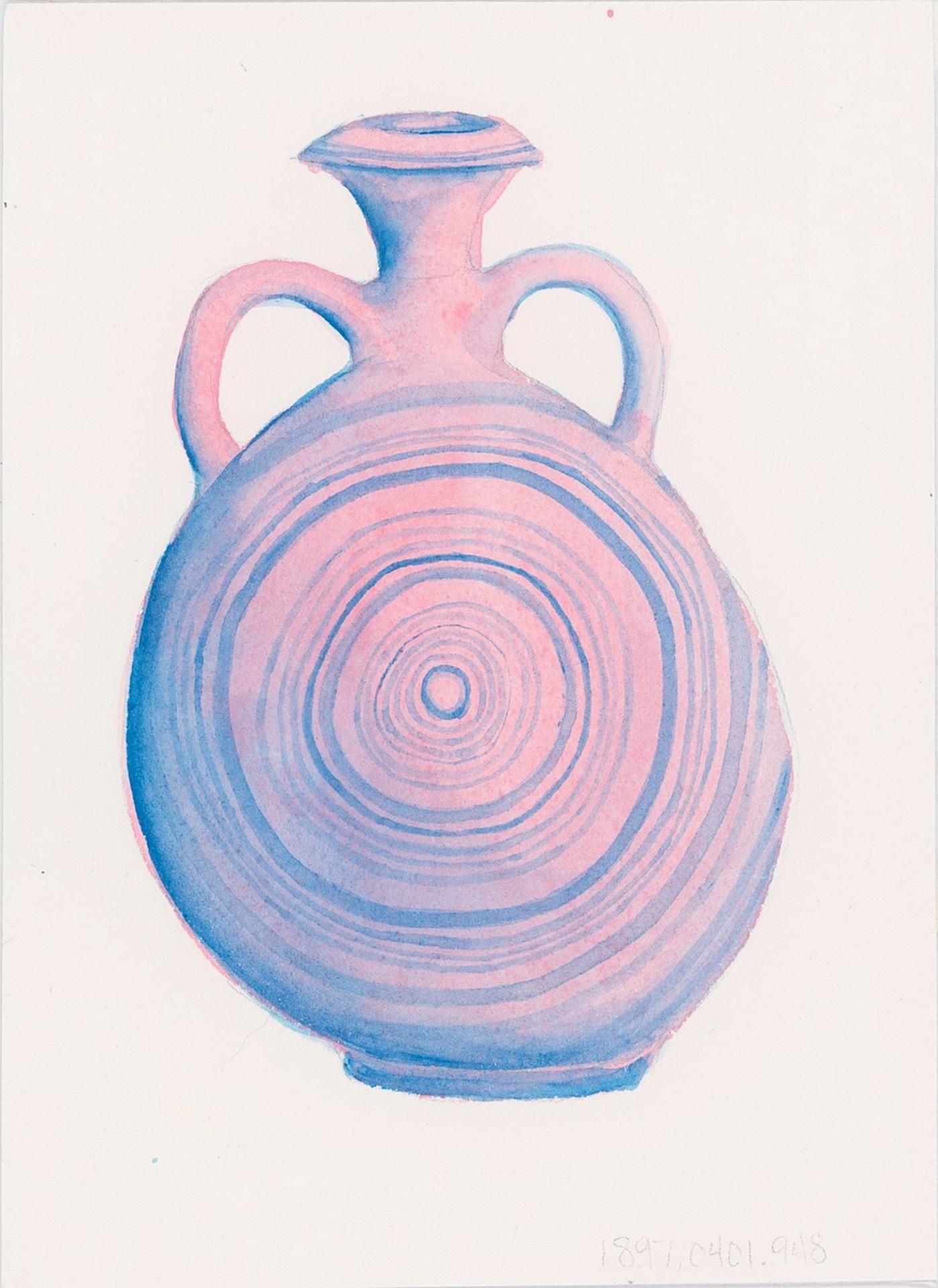 Cat Rigdon Still-Life - Enkomi Flask 1897, 0401.948, gouache painting, pottery vase/artifact, pink & blue