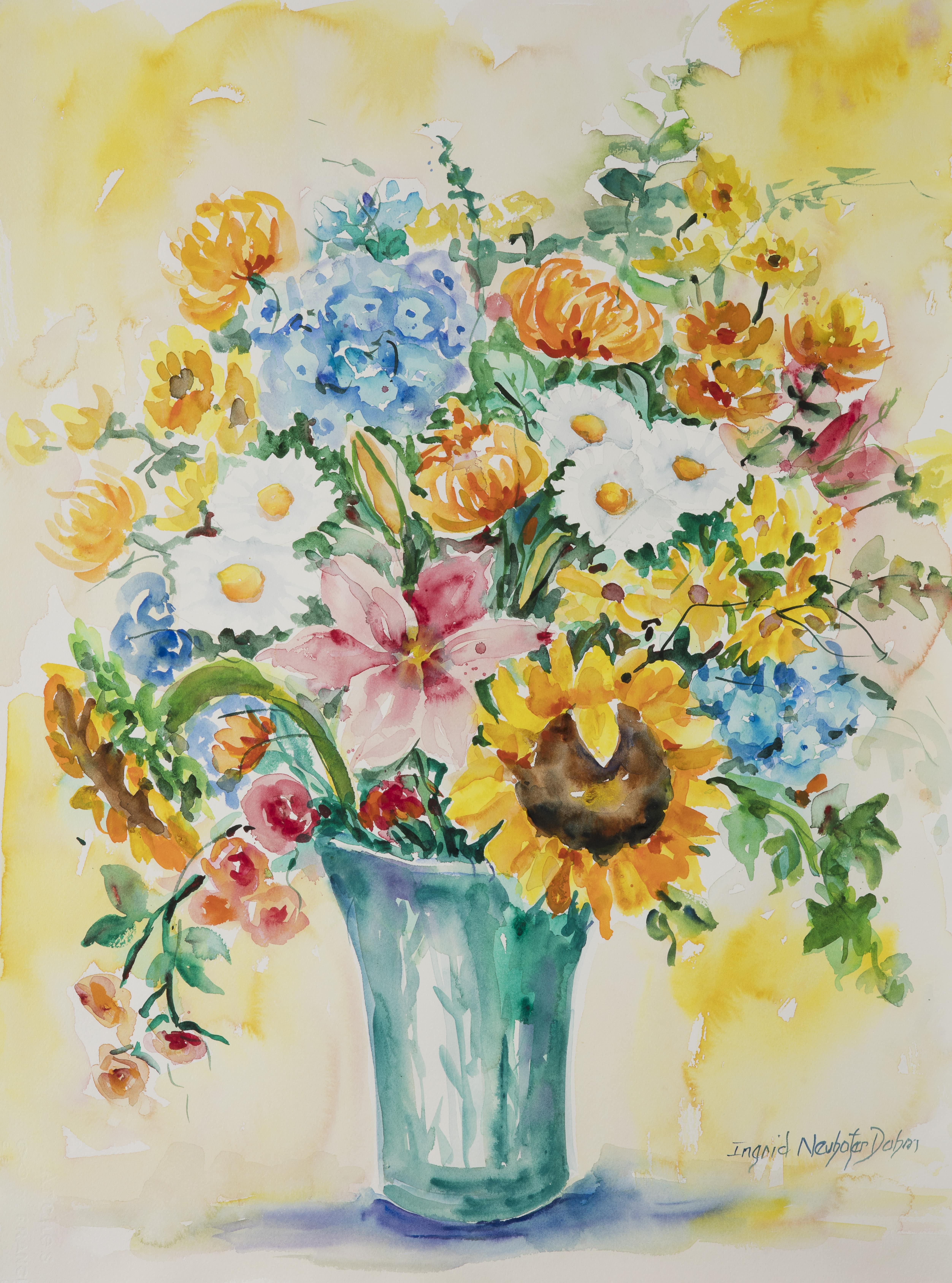 Ingrid Dohm Still-Life - Sunflower and Daises, Original Watercolor Painting, 2017