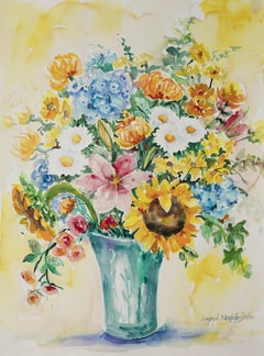 Sunflower and Daises, Original Watercolor Painting, 2017