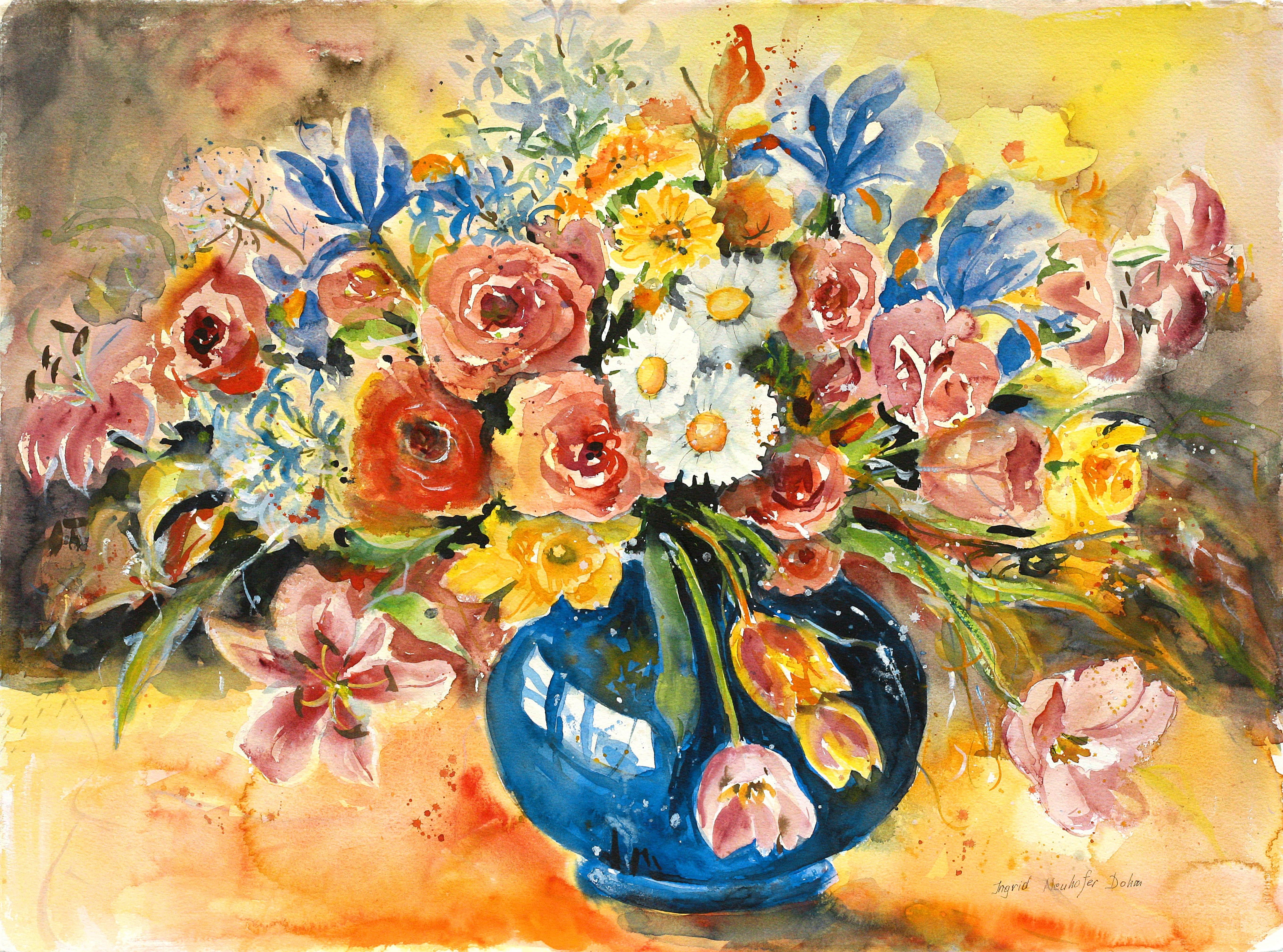 Ingrid Dohm Still-Life - Blue Vase III, Original Watercolor Painting, 2016
