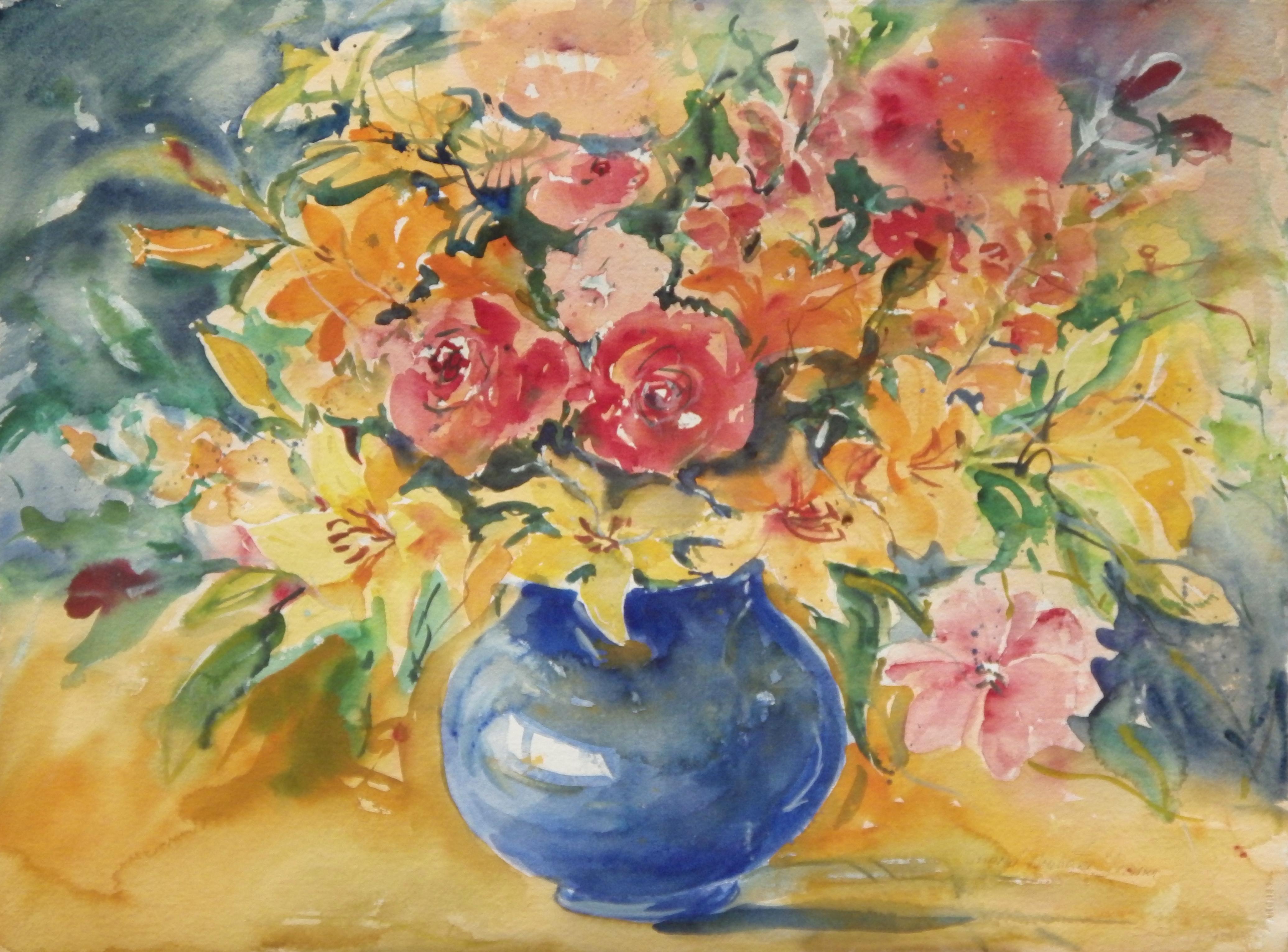 El jarrón azul, Pintura original en acuarela, 2015
