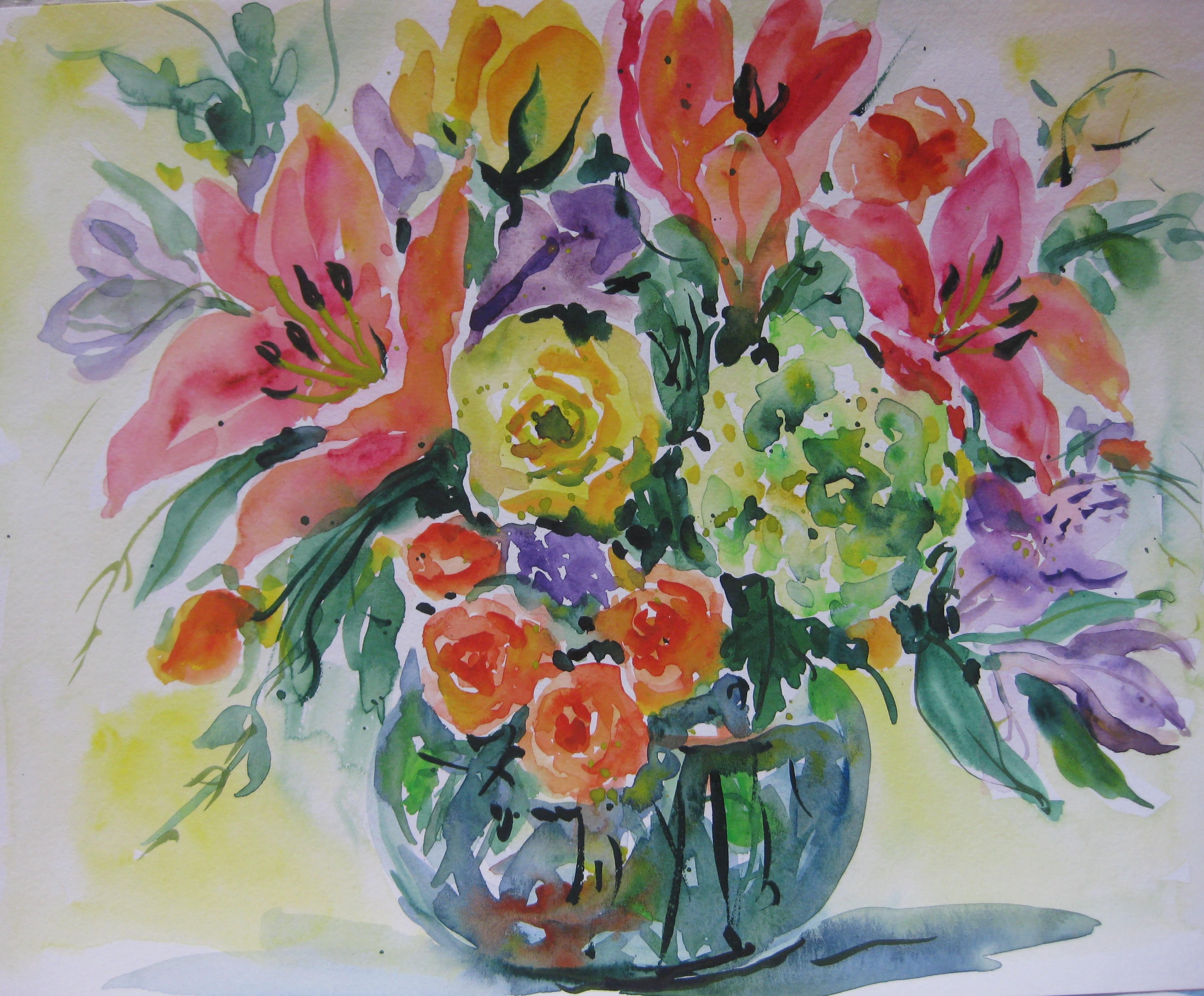 Ingrid Dohm Still-Life - Red Lilies, Original Watercolor Painting, 2014