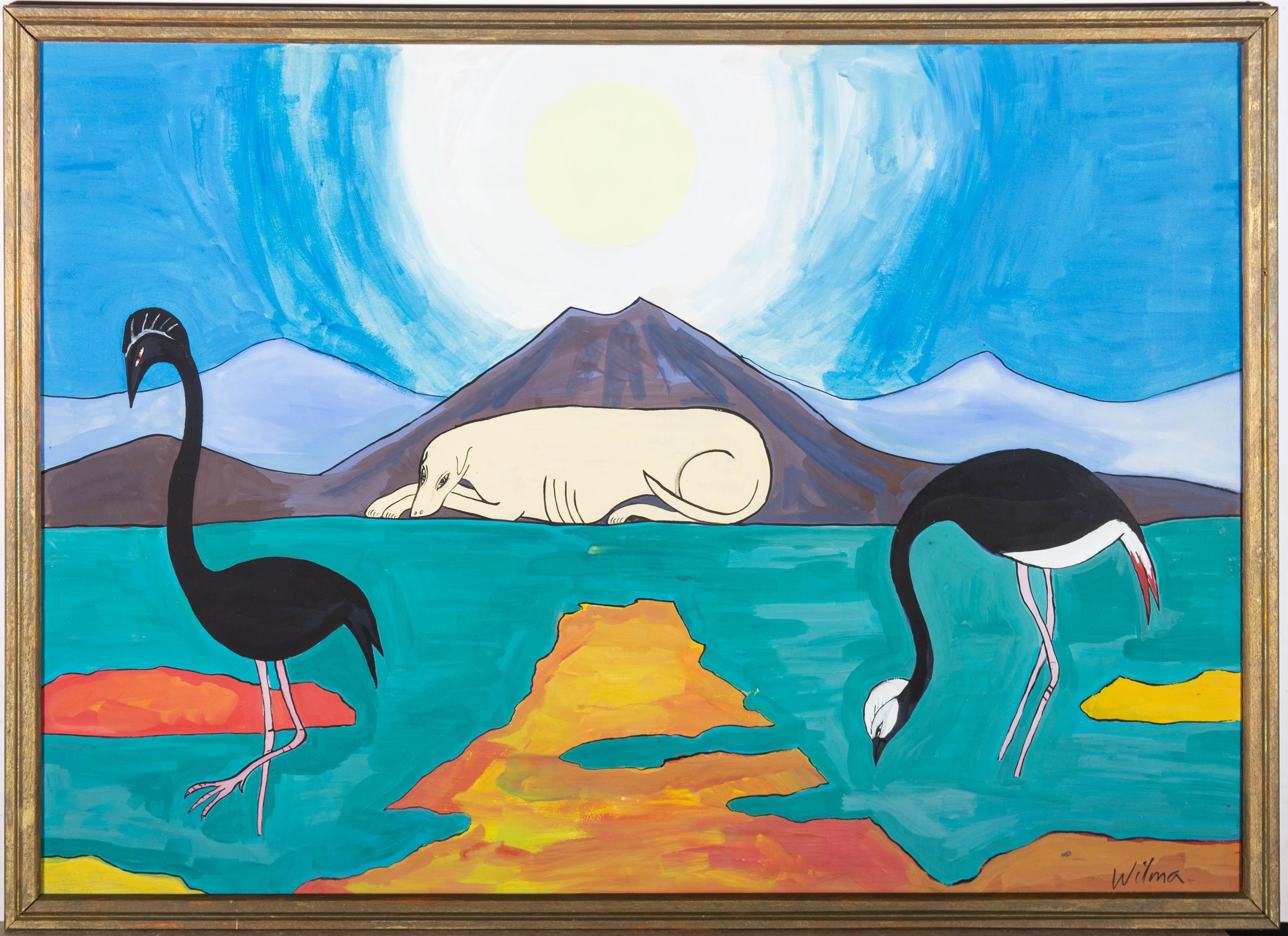 A surreal and magical contemporary gouache showing bold imagery of a yellow dog, resting at the foot of a mountain as the huge sun blazes overhead. Wading birds stand in the water covering the foreground. The artist has signed to the lower right and