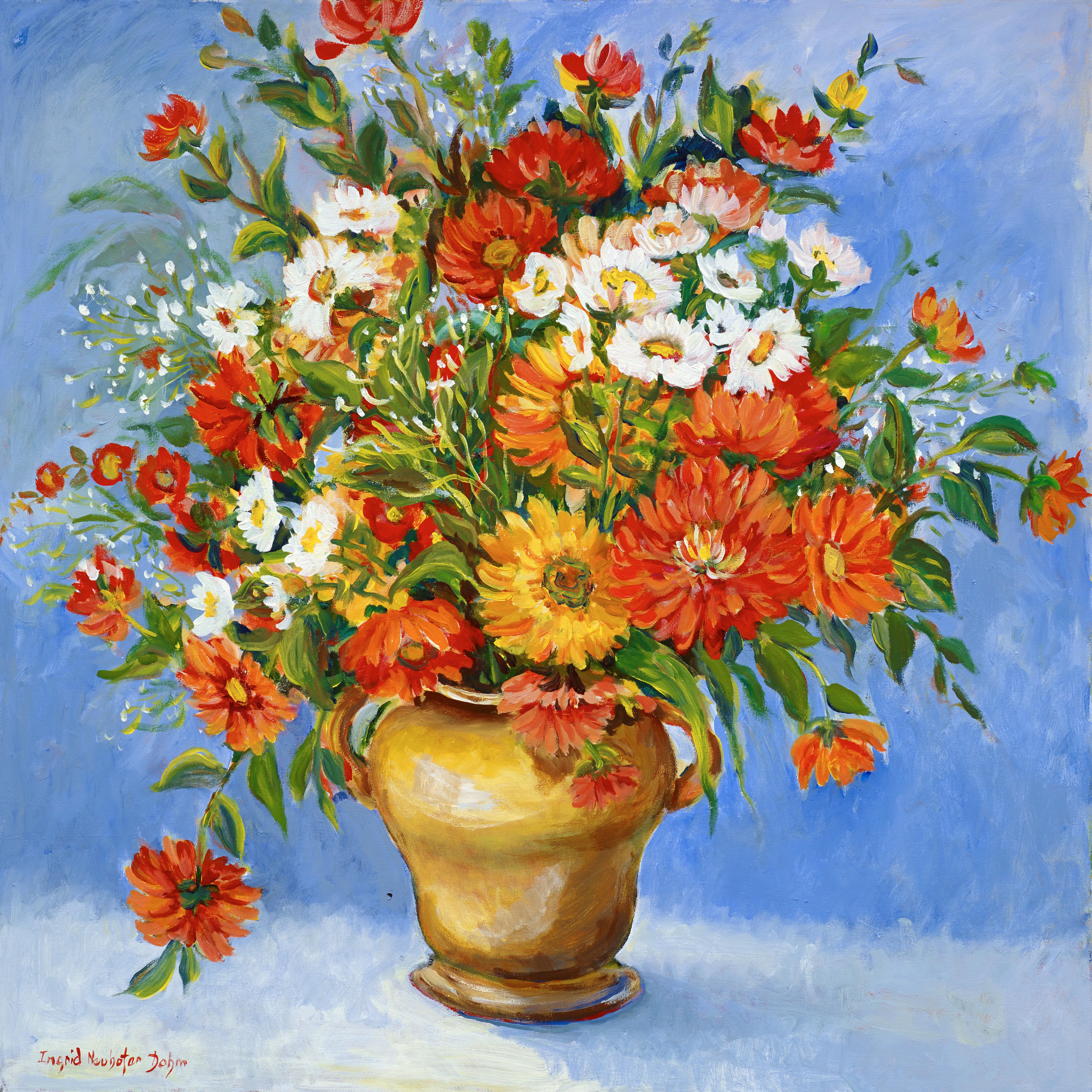 Zinnias, Pintura Impresionista Contemporánea Original Firmada Naturaleza Muerta Floral - Painting de Ingrid Dohm