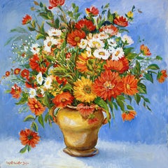 Vintage Zinnias, Original Signed Contemporary Impressionist Floral Still Life Painting