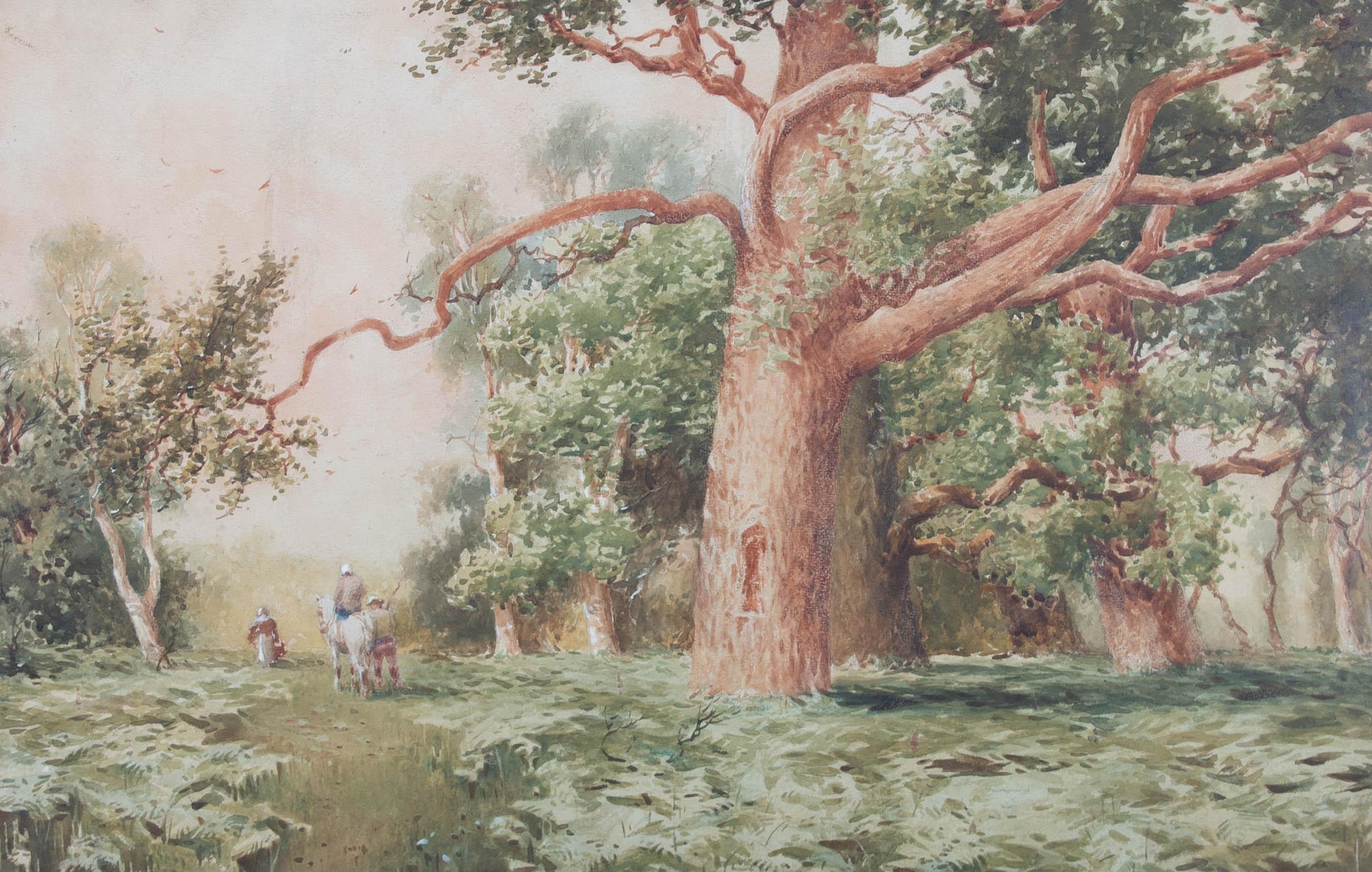 Depicting a woman, man and a figure on a horse making their way down a beaten forest track. Large oak trees dominate the composition, shadowing the forest floor with large, leafy branches. Signed to the lower right. Well presented on a green mount