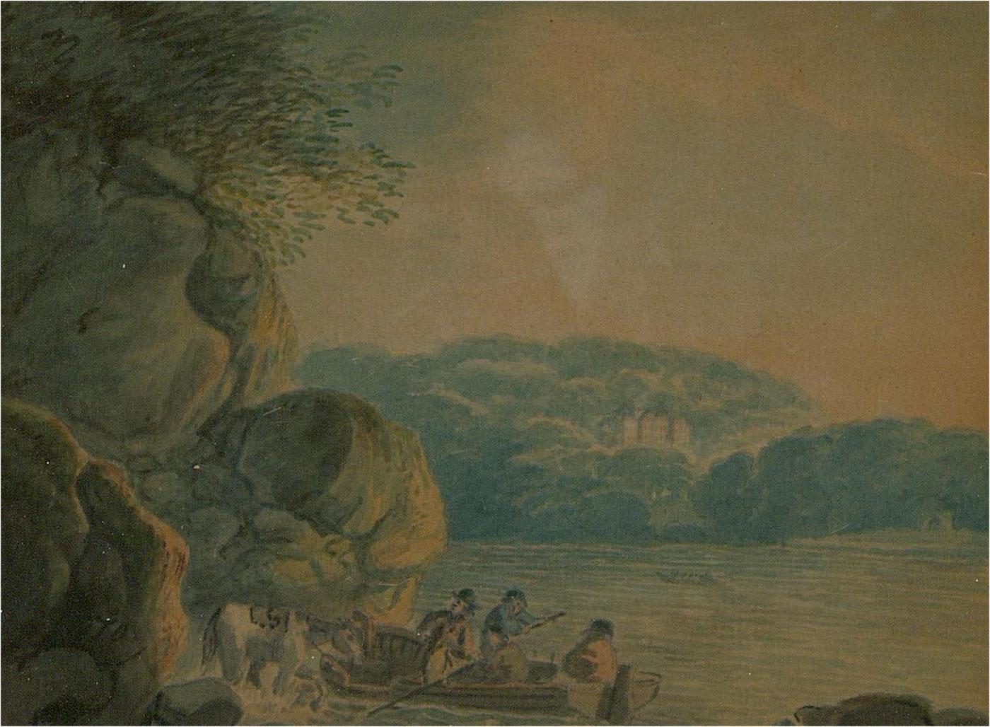 A charming late-18th century watercolour depicting a lake scene with figures on a rowing boat in the foreground. Presented in a distressed gilt-effect wooden frame with a pink silk cove. Unsigned. There is a label verso inscribed with the title and