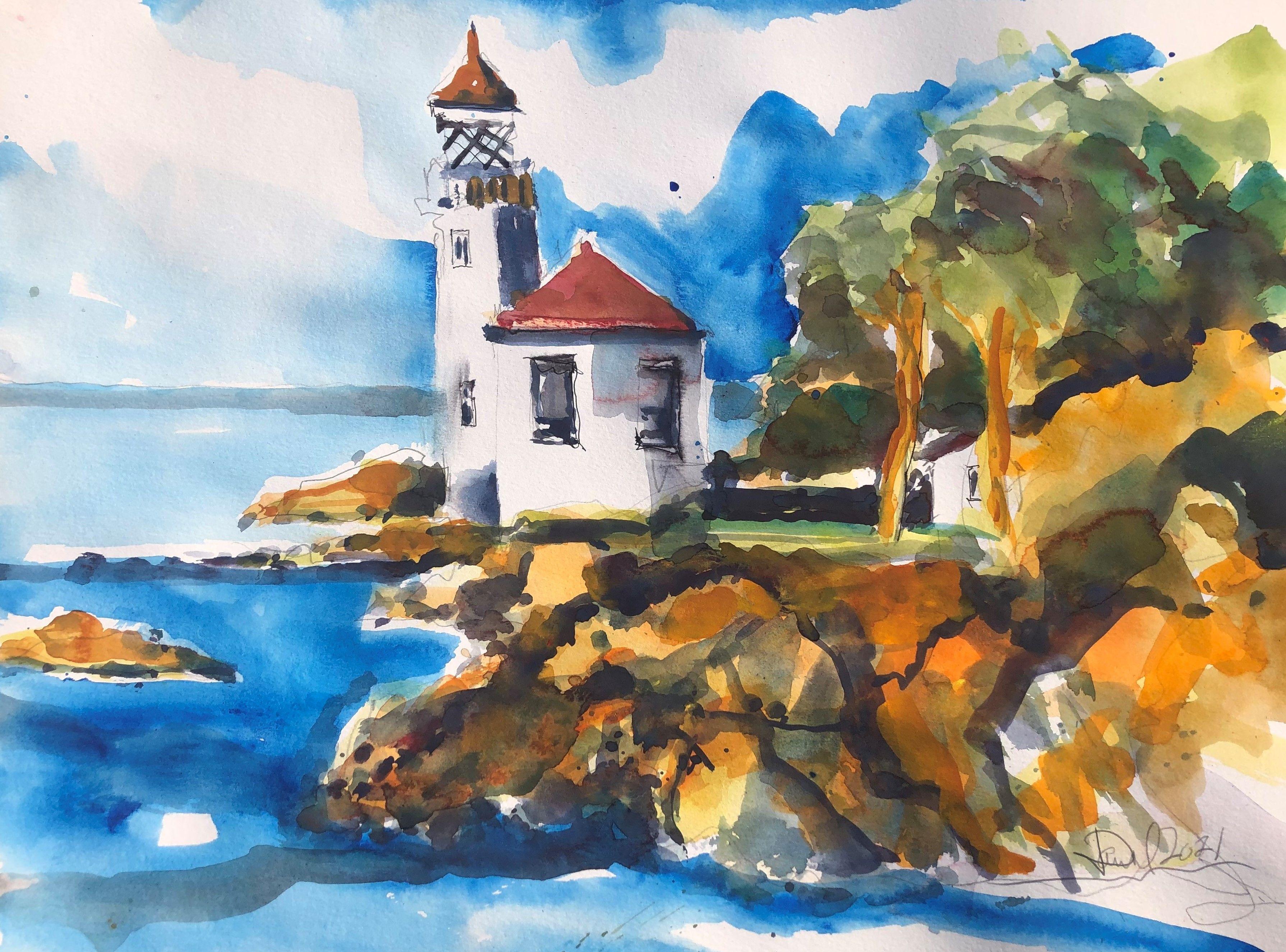 Stuart Island Lighthouse Washington, Painting, Watercolor on Watercolor Paper - Art by Daniel Clarke