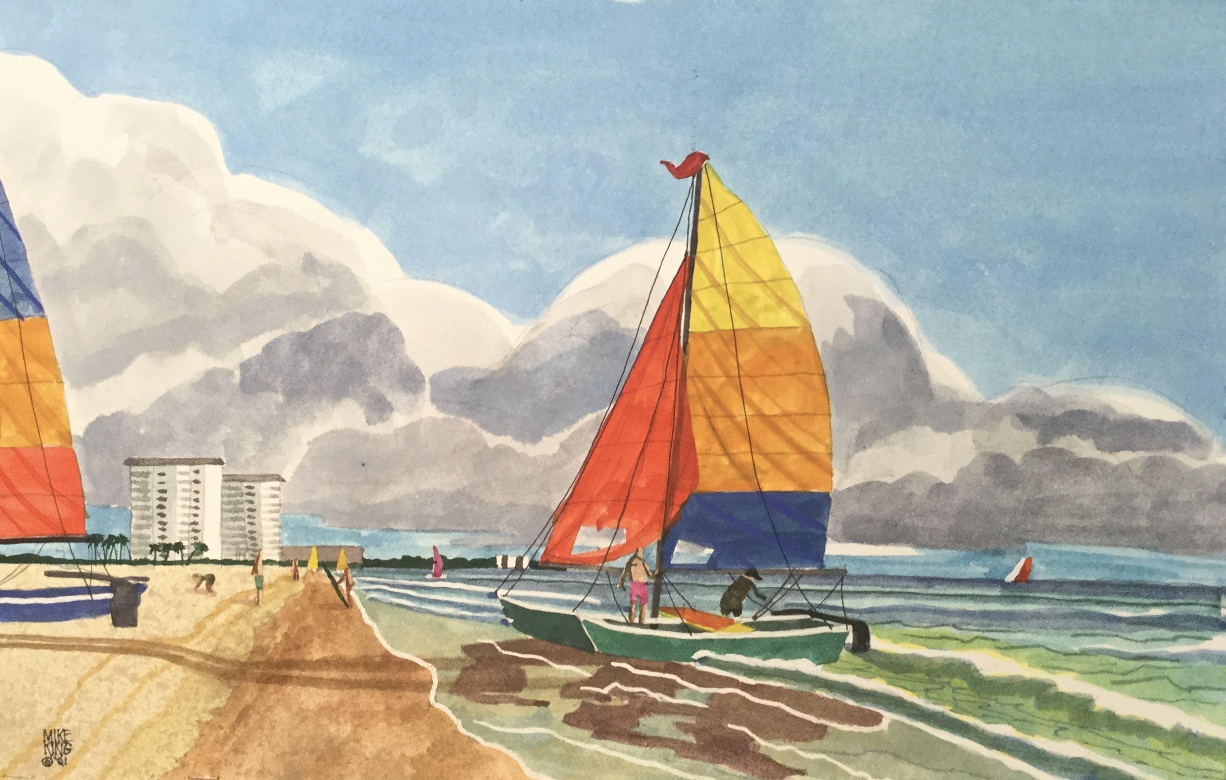Catamarans on Lido Beach, Sarasota, Florida, Painting, Watercolor on Paper - Art by Mike King