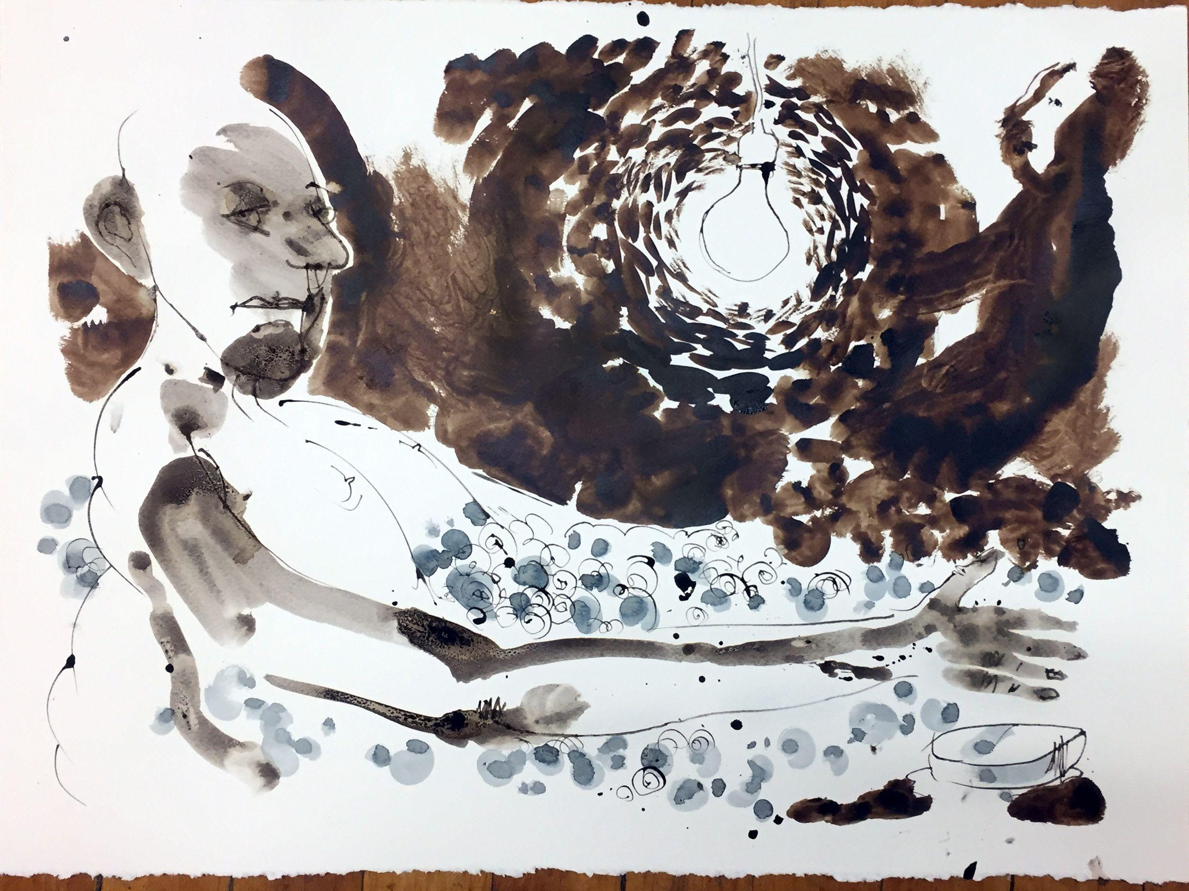 bald man in a bubble bath, Drawing, Pen & Ink on Watercolor Paper - Art by Edward Zelinsky