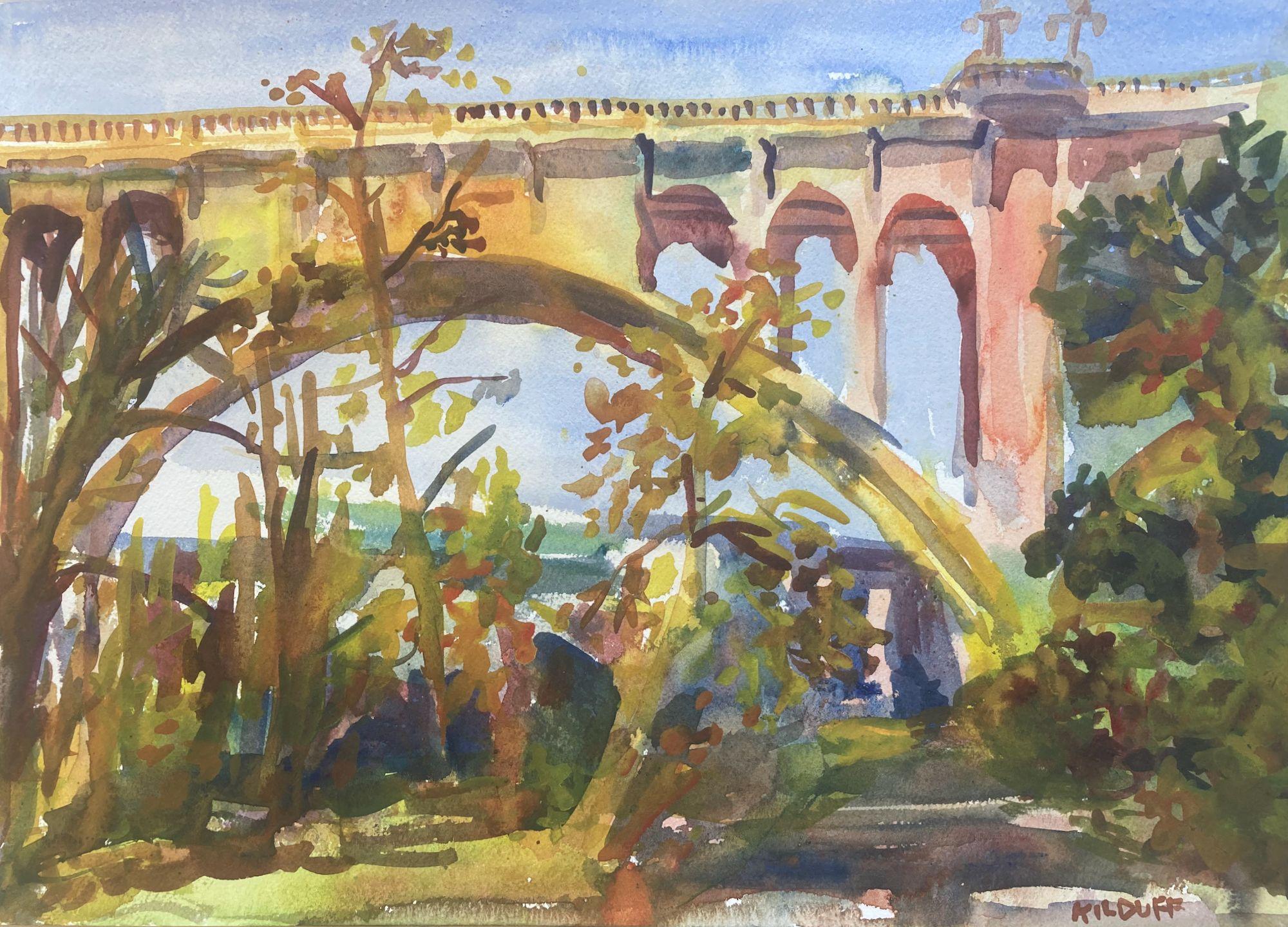 Bridge de Colorado Street, Pasadena, peinture, aquarelle sur papier aquarelle - Art de John Kilduff