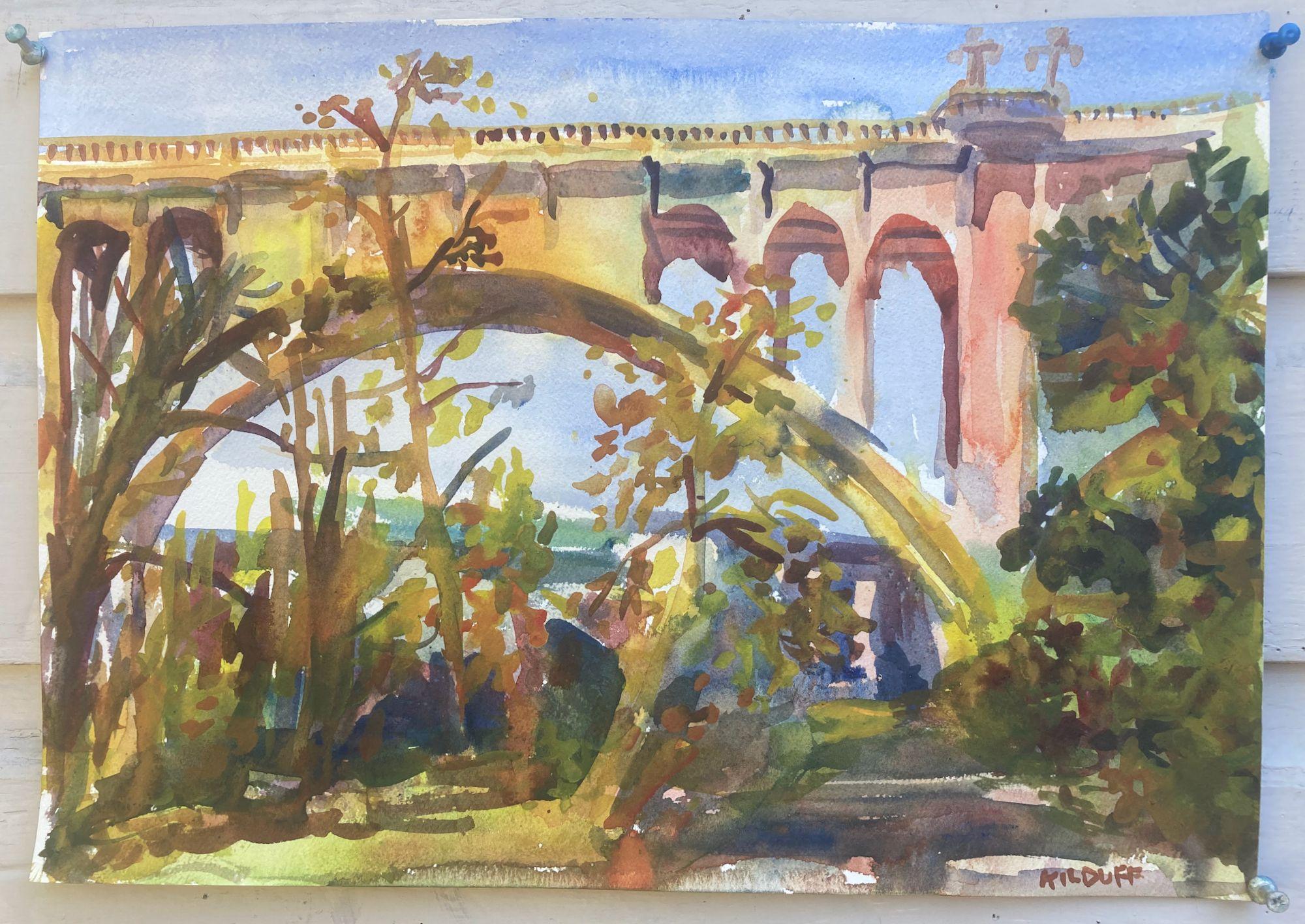 Bridge de Colorado Street, Pasadena, peinture, aquarelle sur papier aquarelle - Impressionnisme Art par John Kilduff