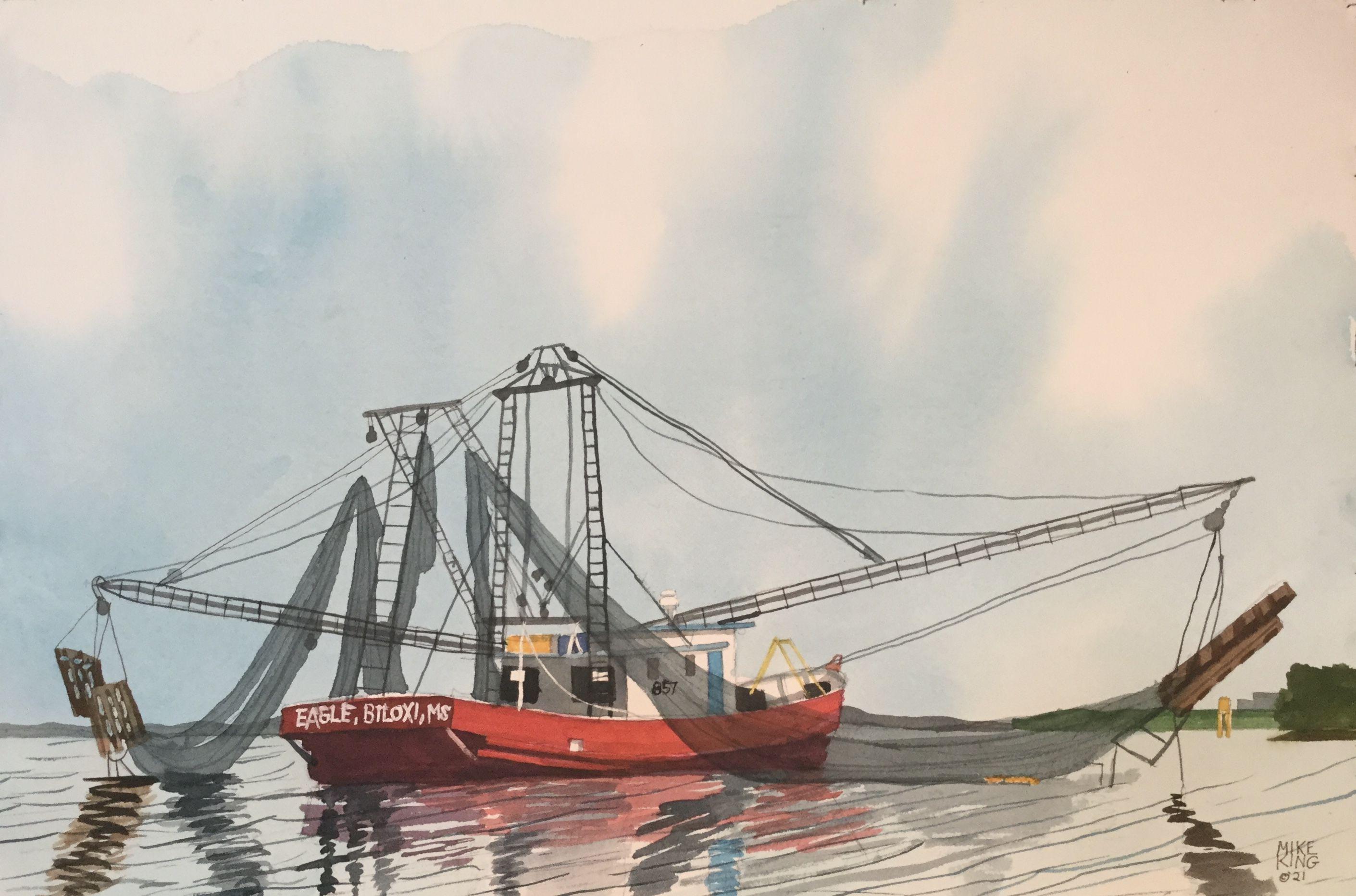 Shrimp Boat Eagle, Painting, Watercolor on Paper - Art by Mike King
