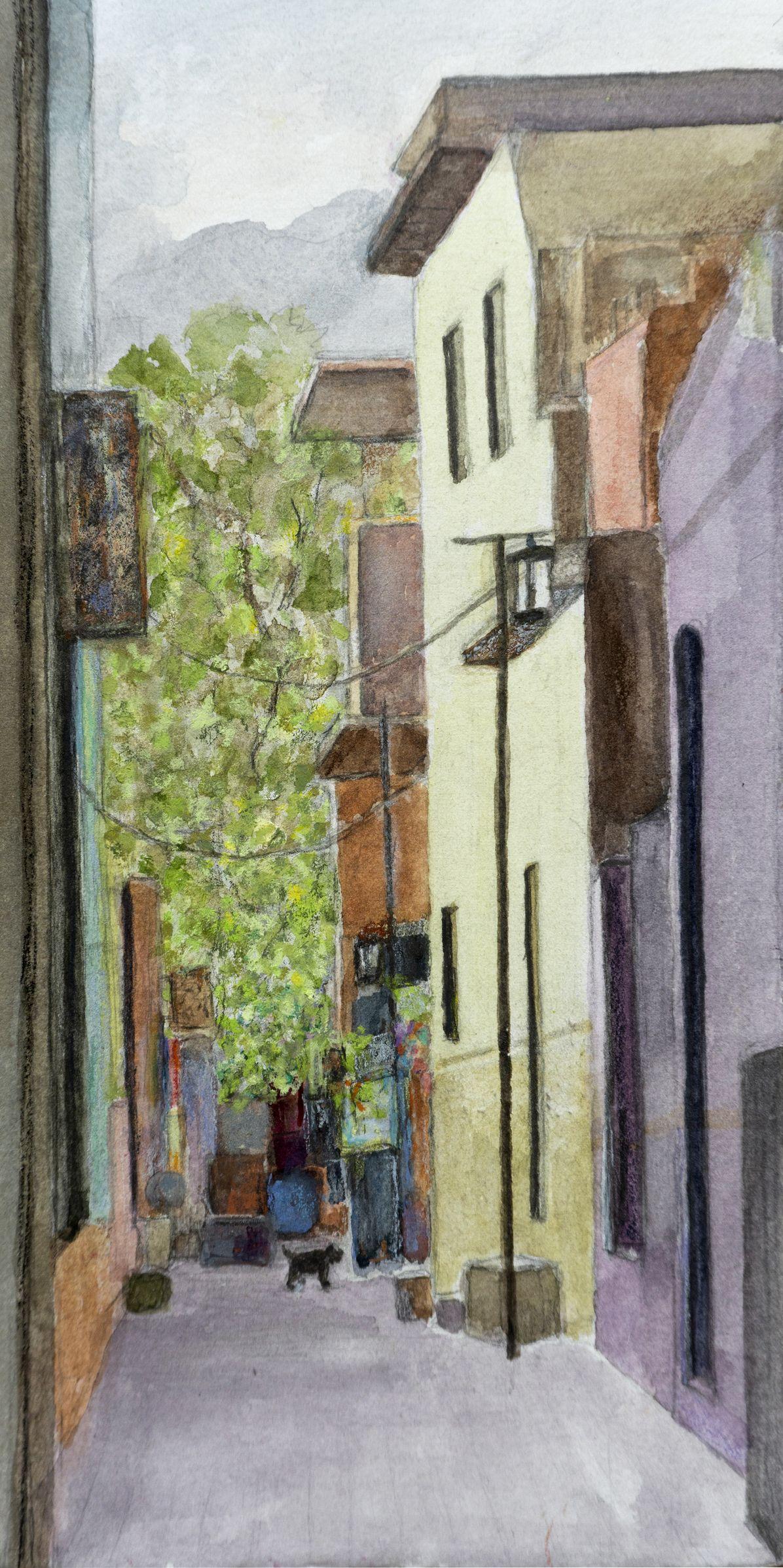 Allee im Used-Stil, Gemälde, Aquarell auf Papier