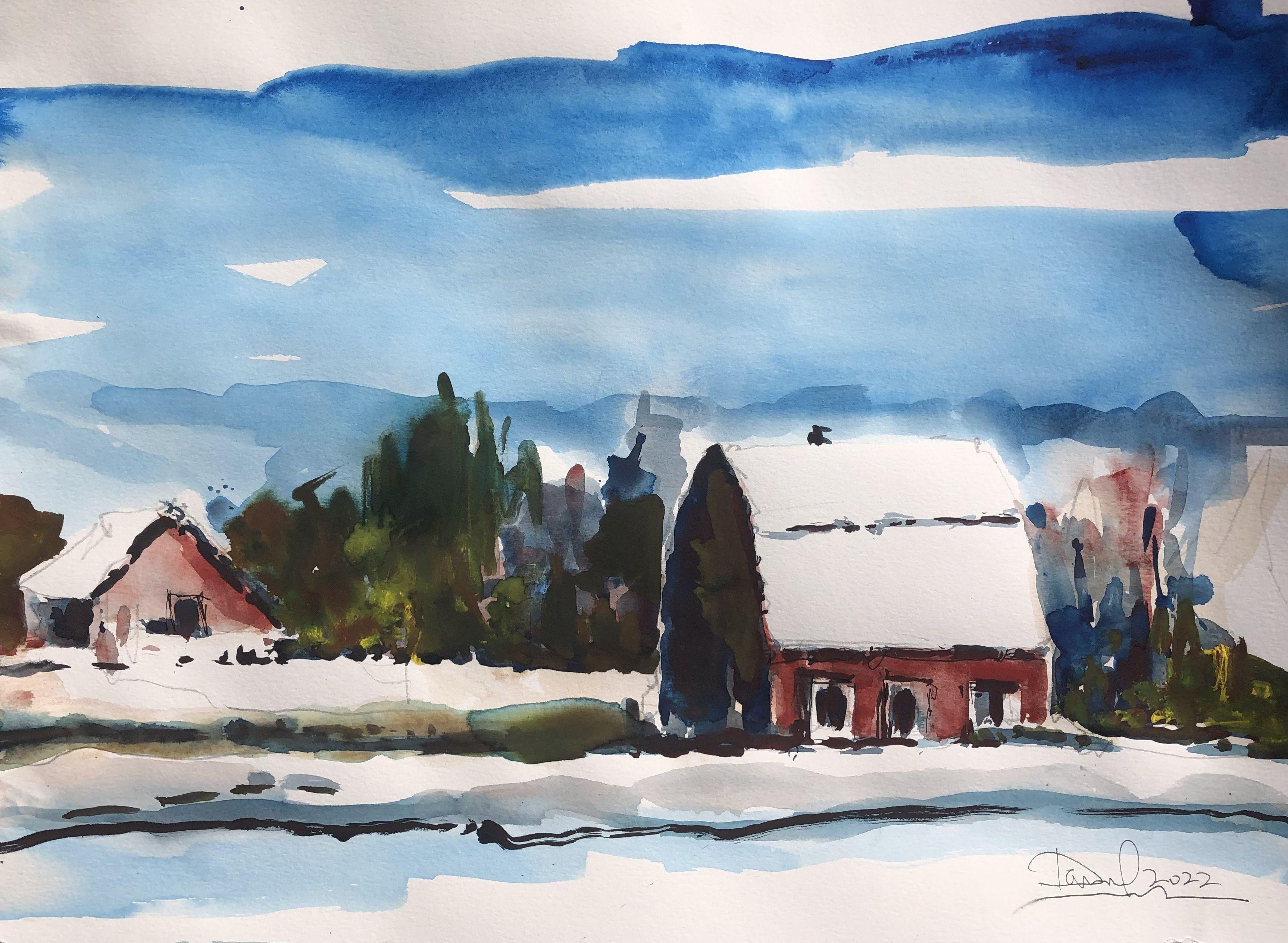 Alberta Winter Scene, Painting, Watercolor on Watercolor Paper - Art by Daniel Clarke