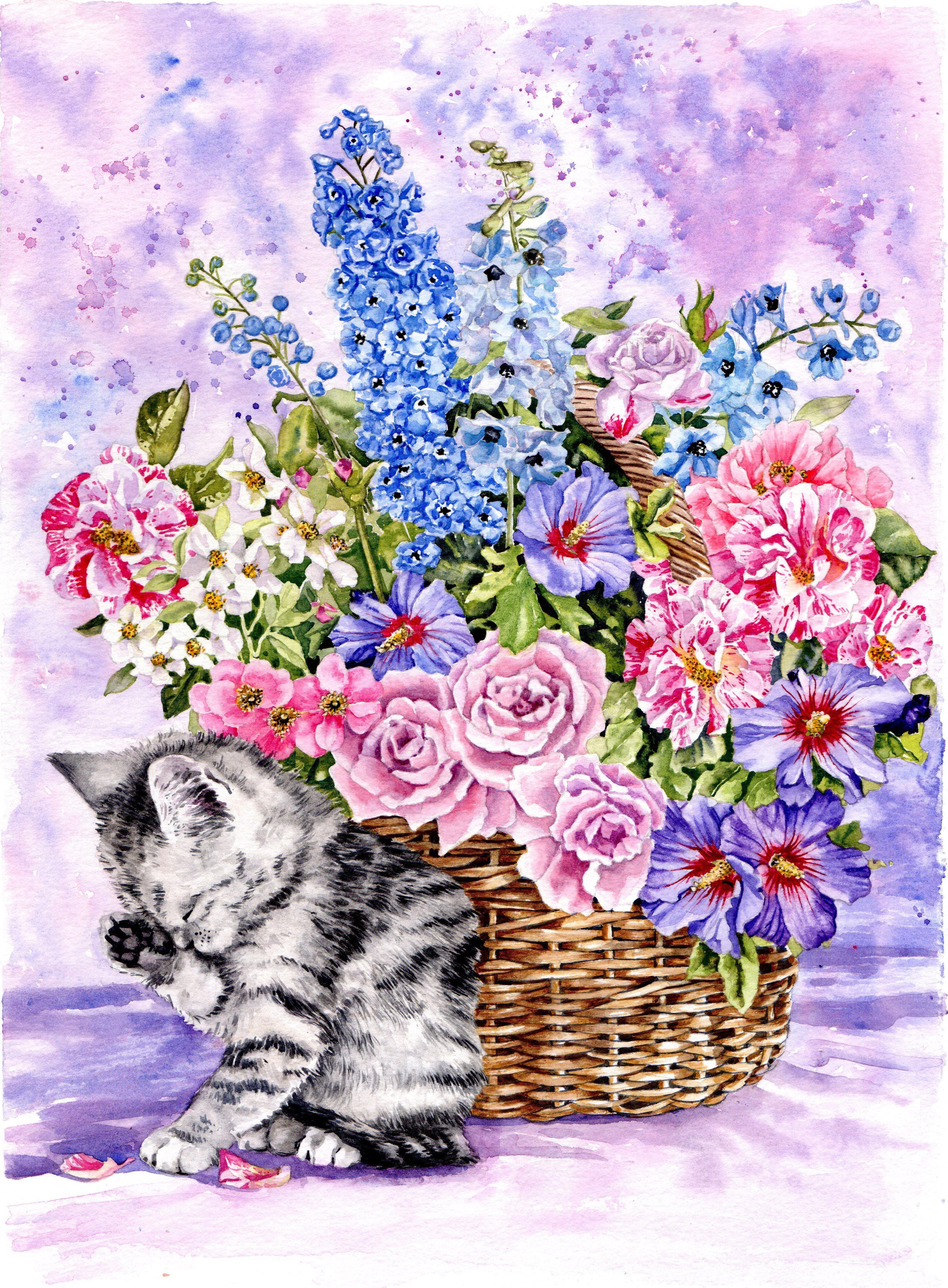Kitten and Summer Flowers, Painting, Watercolor on Watercolor Paper - Art by Zoe Elizabeth Norman