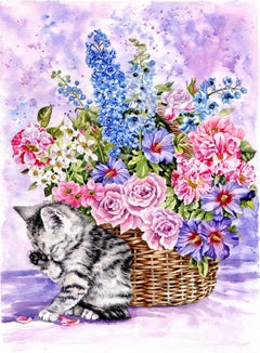 Kitten and Summer Flowers, Painting, Watercolor on Watercolor Paper