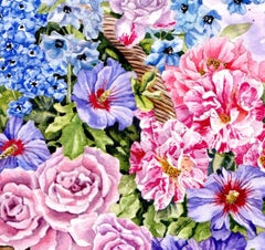 Kitten and Summer Flowers, Painting, Watercolor on Watercolor Paper
