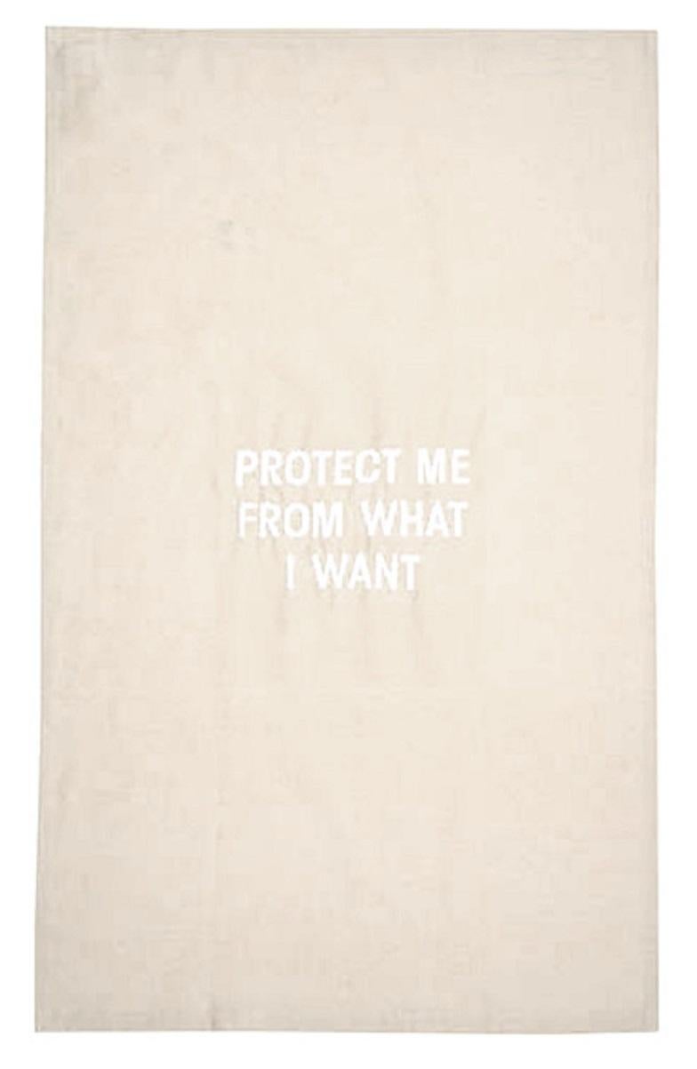 Protect Me From What I Want embroidered tea towel - Art by Jenny Holzer