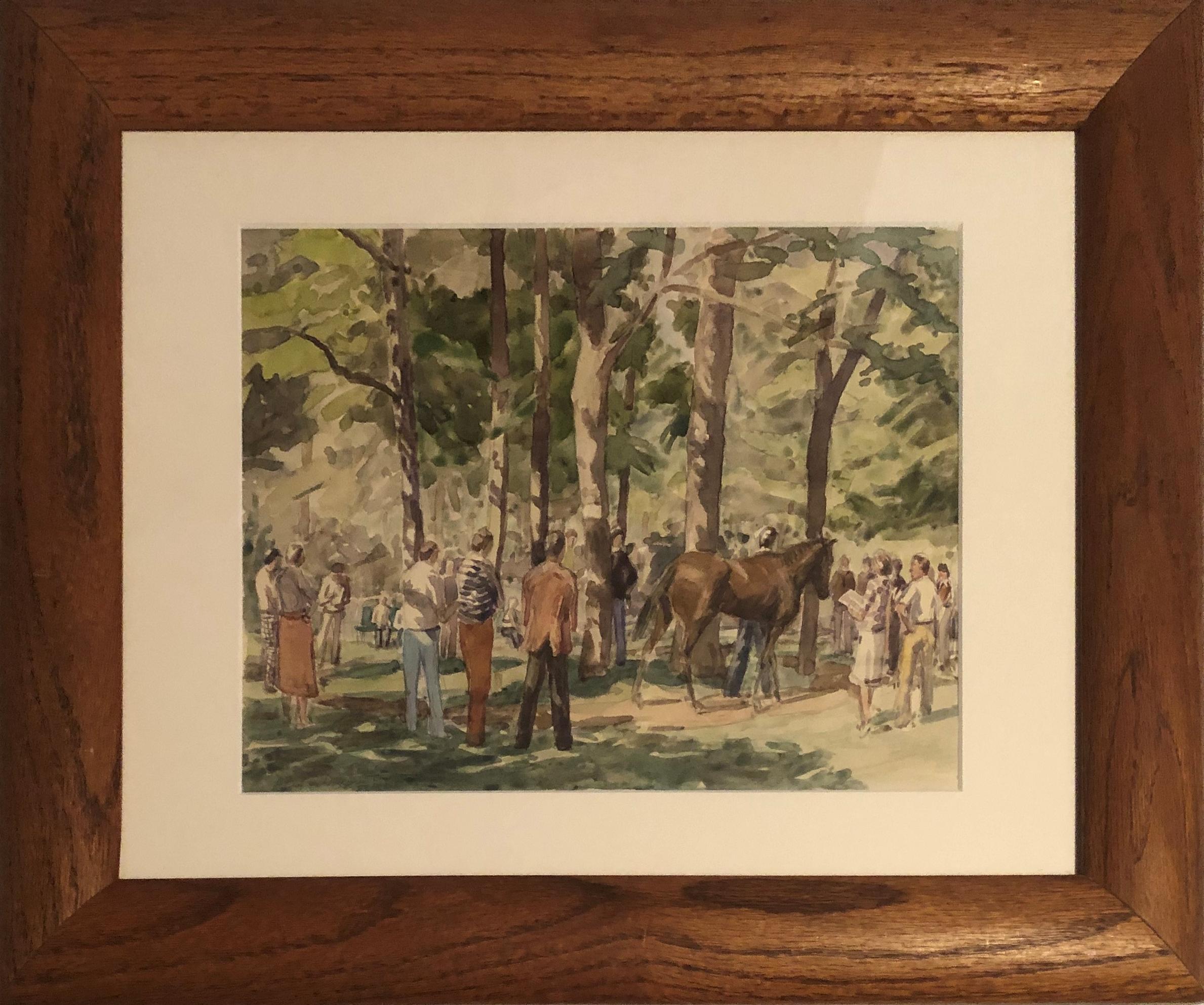 Anne Diggory (b. 1951)
The Racetrack Paddock and Thoroughbred Owners, Saratoga Springs New York, circa 1978
Watercolor on paper
9 x 12 inches
Signed and dated lower left

Provenance:
The artist
Private Collection, California

Anne Diggory lives in