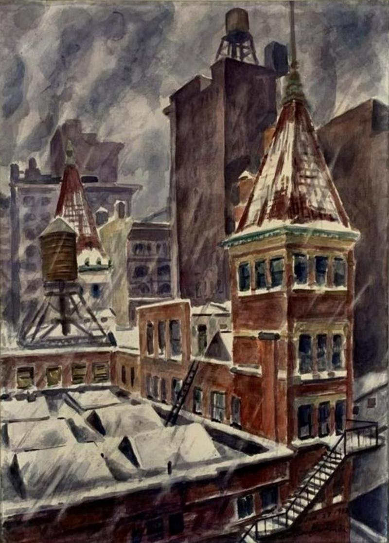 Bertram Hartman (1882 - 1960)
Snow Storm in New York City, 1943
Watercolor on paper
21 3/4 x 30 inches
Signed and dated lower right

Bertram Hartman was an American modernist painter and illustrator, as well as a designer of batik and mosaics. He