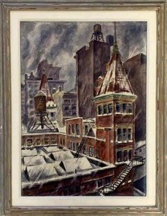 "Snow Storm in New York City, " Bertram Hartman, WPA Rooftops Winter Cityscape