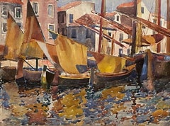 "Gondolas at the Dock, Venice, Italy" Louis Wolchonok, Boats in the Harbor Scene