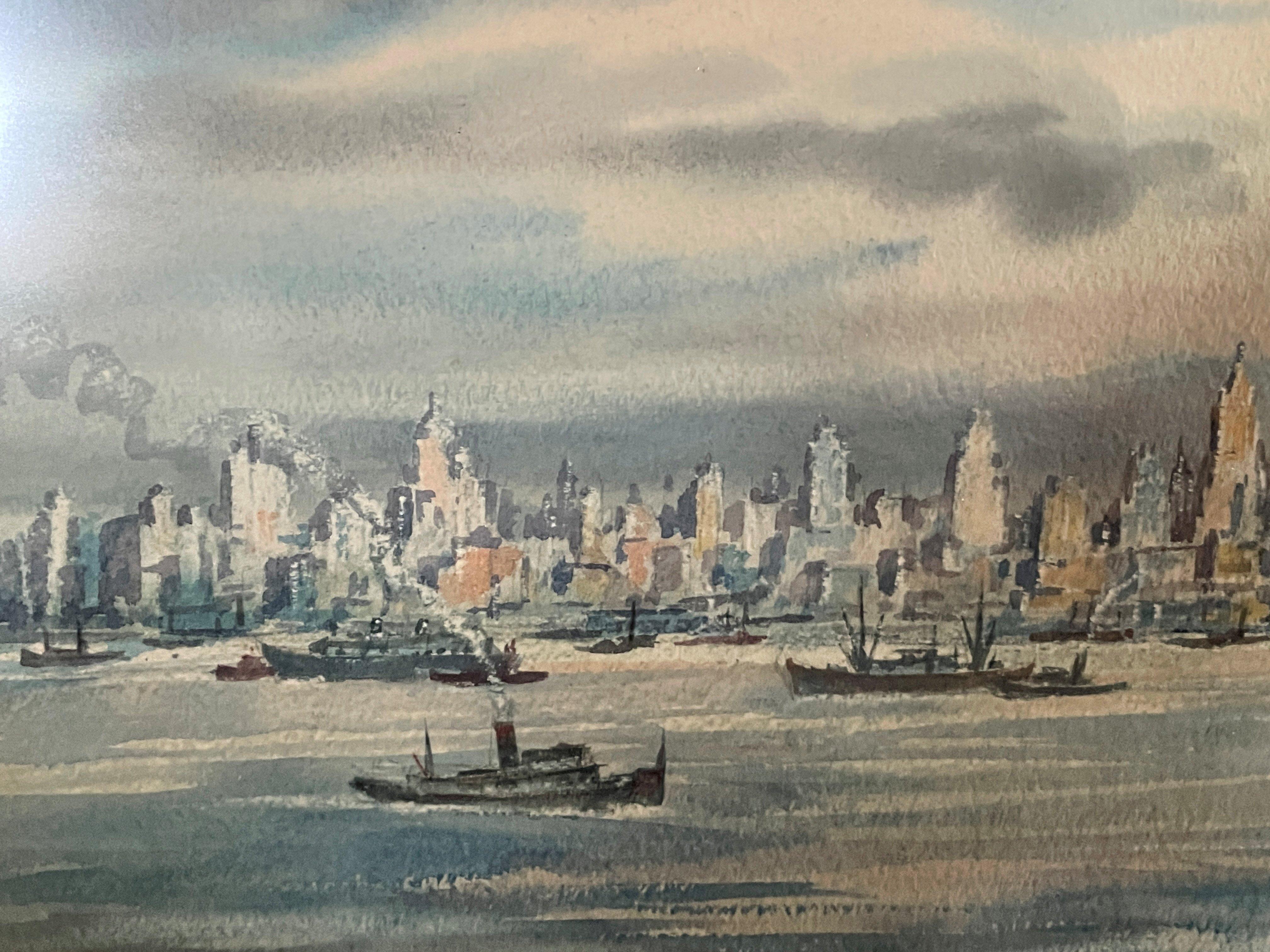 « Vue de la ligne d'horizon de la ville de New York depuis la rivière Est, Lionel Reiss, artiste juif en vente 3