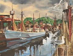 Vintage "Lady of the Yukon, Boats in the Harbor, " Lee F. Lindner