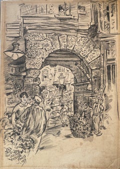 Antique "Street Scene, Paris, France" Jerome Myers, Ashcan School Drawing