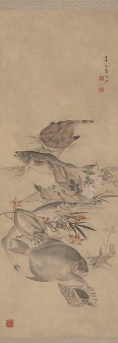 "Sea Life: Fish and Animals, " Kikuchi Hobun, Japanese Scroll, Kyoto School