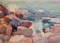 "Bass Rocks, Gloucester, Massachusetts" Watercolor Bright Seascape