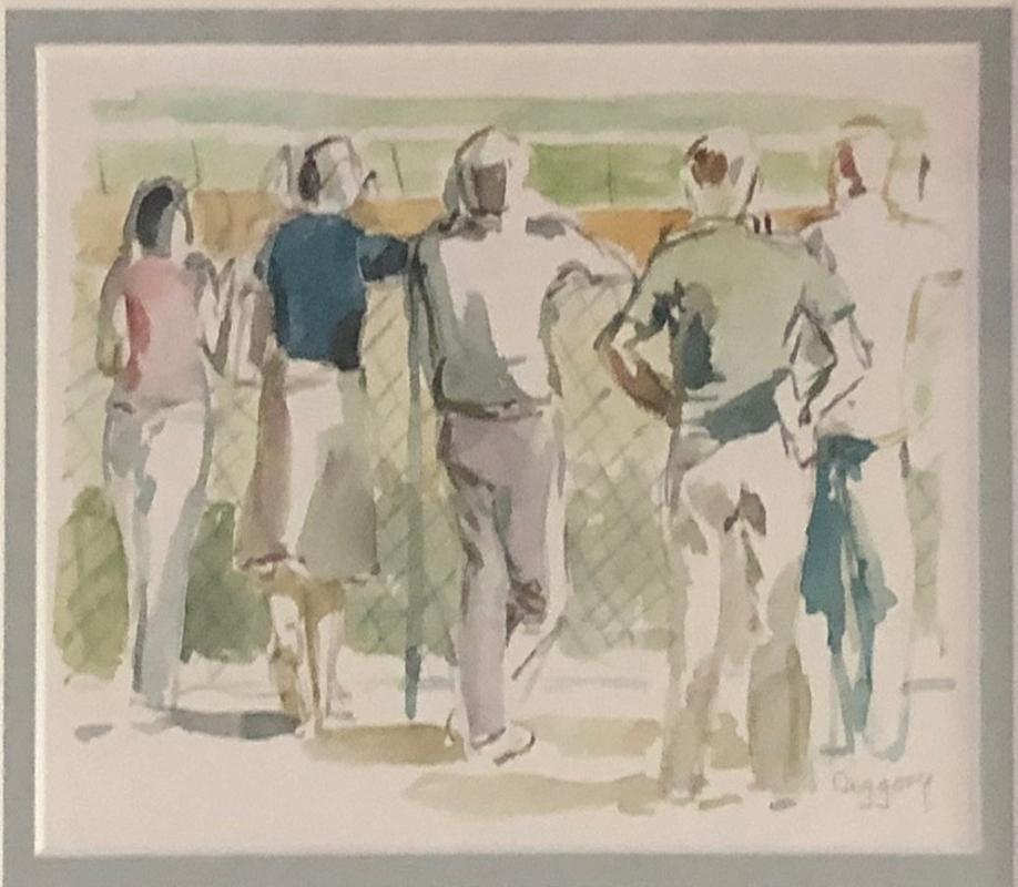 Landscape Art di Anne Diggory - Five at the Rail, vista dell'ippodromo e della folla, Saratoga Springs, New York