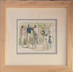 Cinco en la barandilla, vista del hipódromo y la multitud, Saratoga Springs, Nueva York