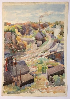 Antique "Industrial Landscape, " WPA Mid-Century Modern Social Realist Watercolor