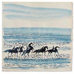 Andre Brasilier, Französisches Equine-Aquarell „Horsen am Strand“, „