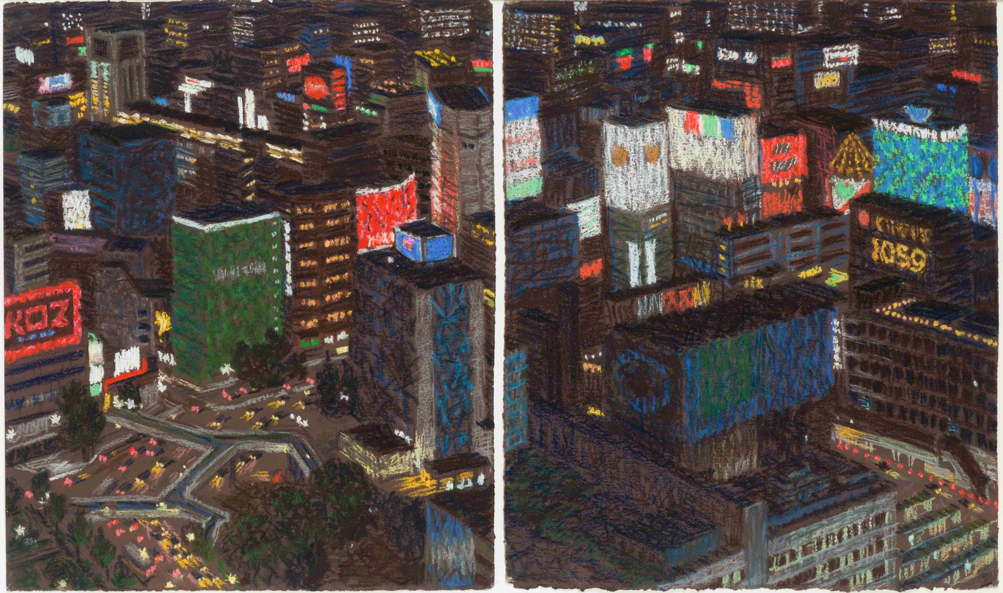 "Tokyo Diptych," Yvonne Jacquette, Japanese Urban Cityscape Nocturnal Aerial