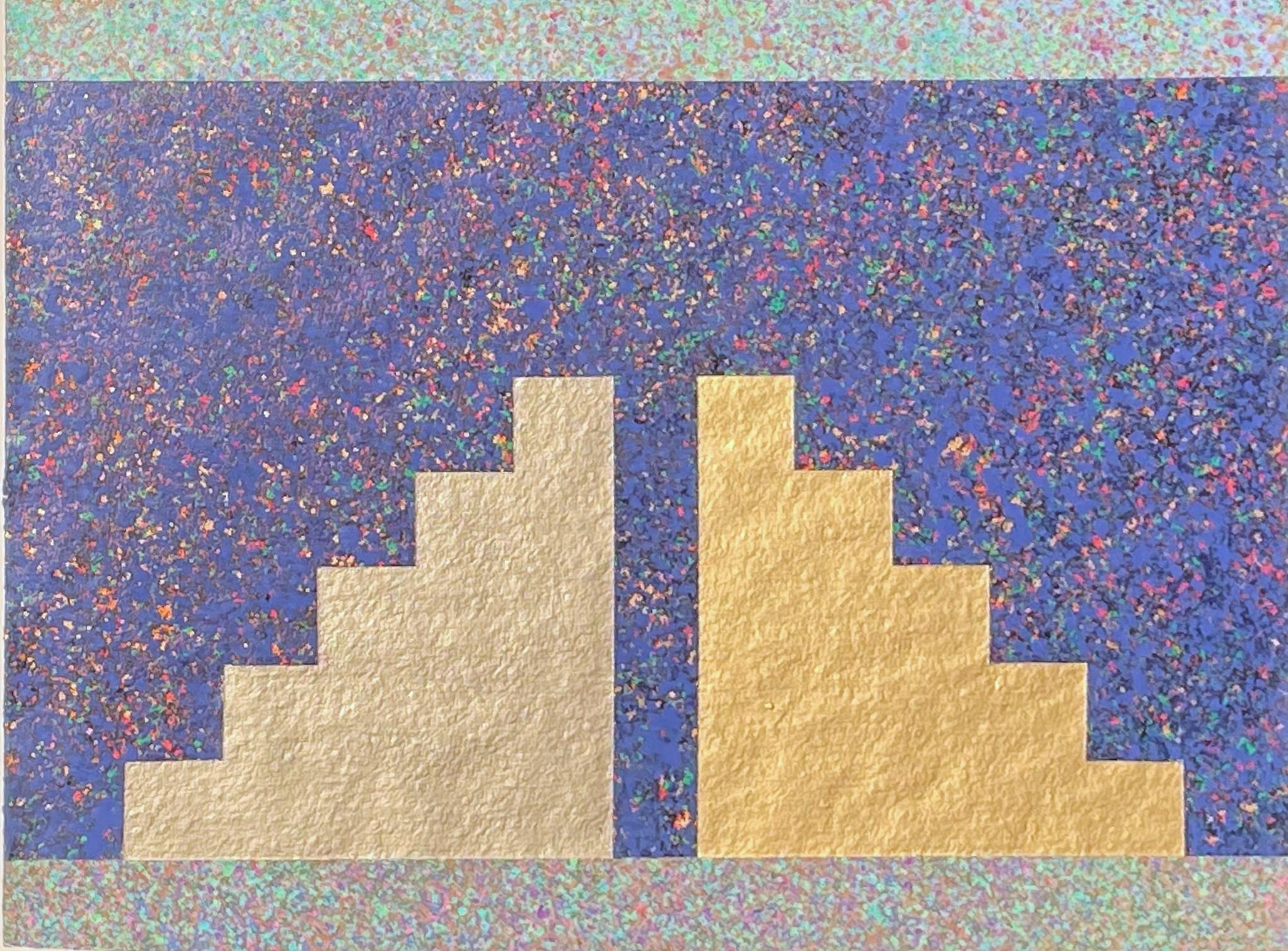 « Staircases Falling Out », Adrianne Wortzel, Op Art abstrait bleu et or