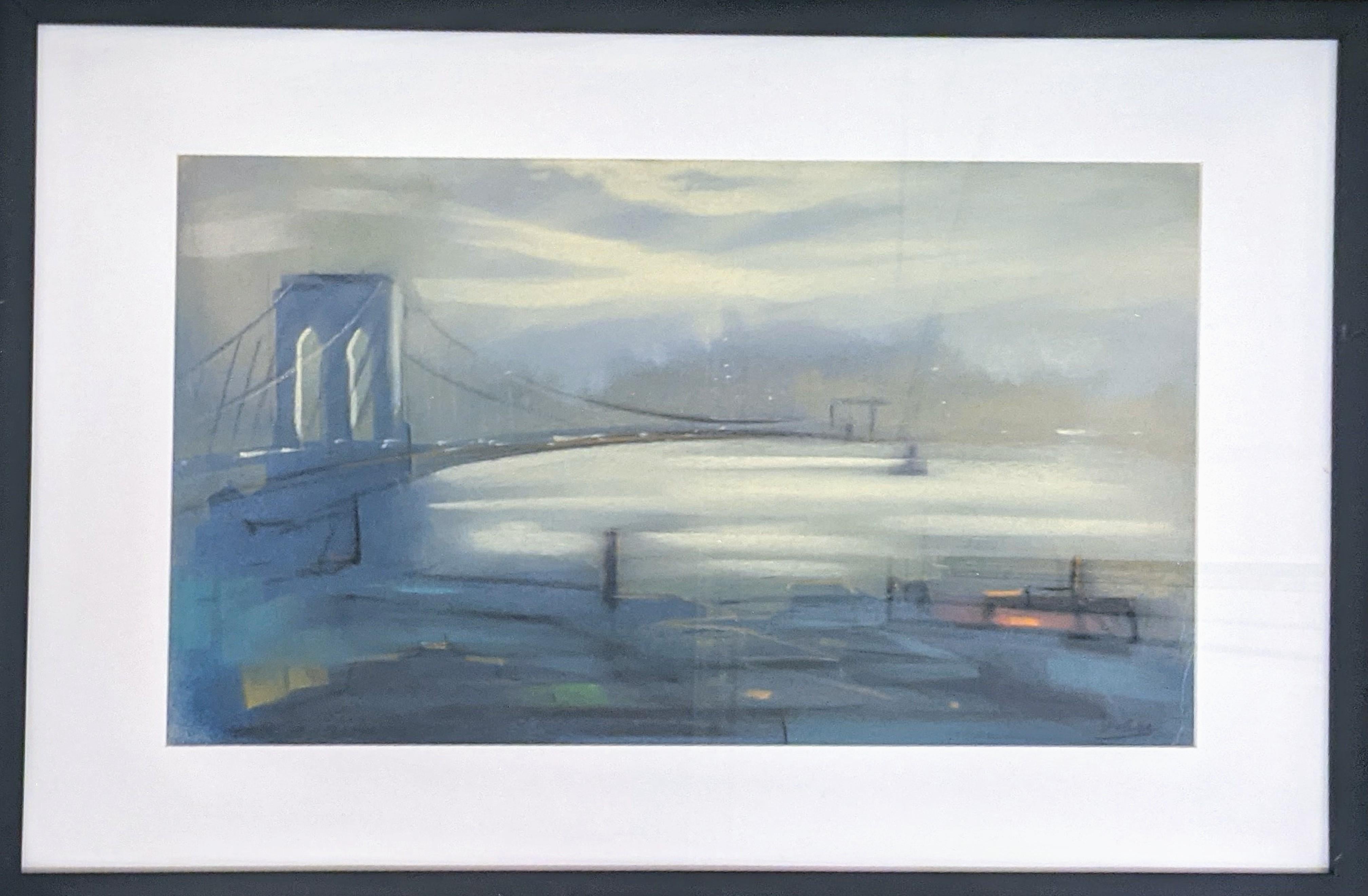 Leon Dolice, East River, New Yorker Hafen (Brooklyn Bridge), Mitte des Jahrhunderts im Angebot 1