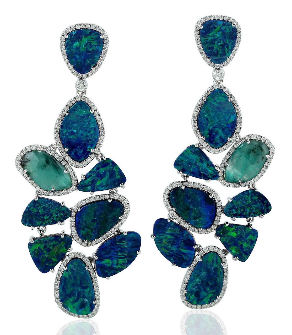 Contemporary 22.57 Carat Opal Emerald Diamond 18 Karat Gold Earrings For Sale