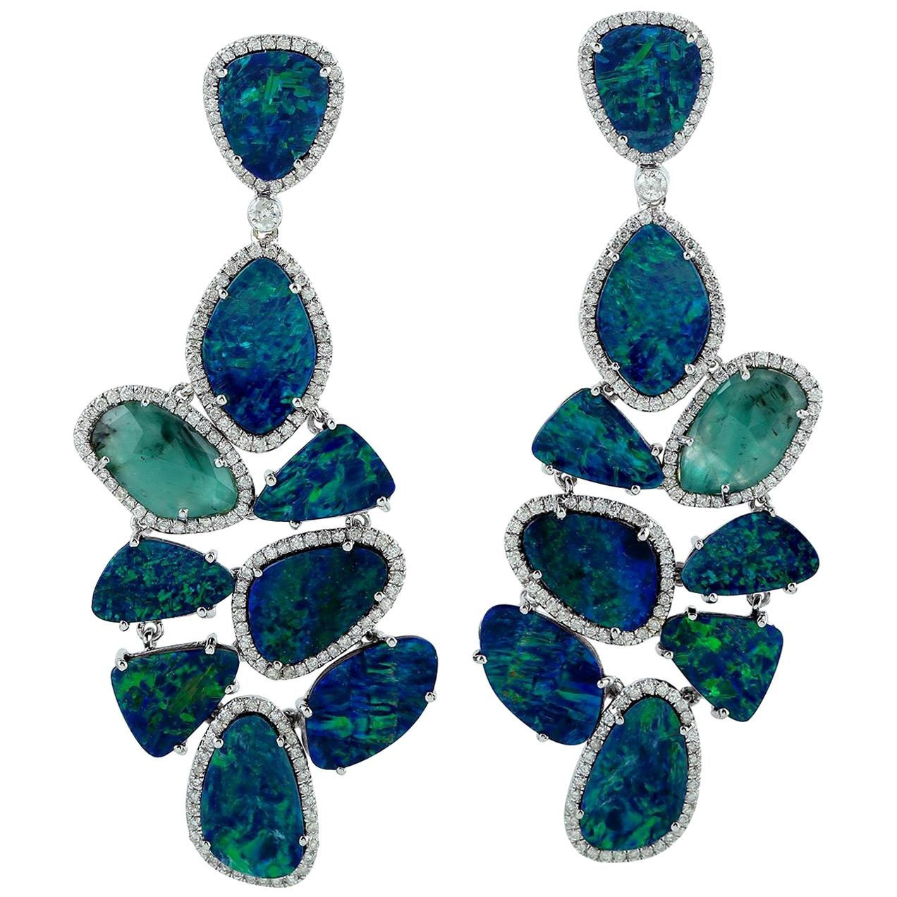 22.57 Carat Opal Emerald Diamond 18 Karat Gold Earrings For Sale