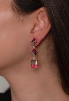 22.58 Ct Watermelon Tourmaline Multicoloured Sapphires 18 K Rose Gold Earrings