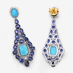 22.59 Ctw Genuine Kyanite, Turquoise and Diamond .925 Sterling Silver Earrings