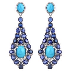 22.59 Ctw Genuine Kyanite, Turquoise and Diamond .925 Sterling Silver Earrings