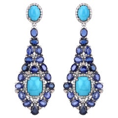 22.59 Ctw Genuine Kyanite, Turquoise and Diamond .925 Sterling Silver Earrings