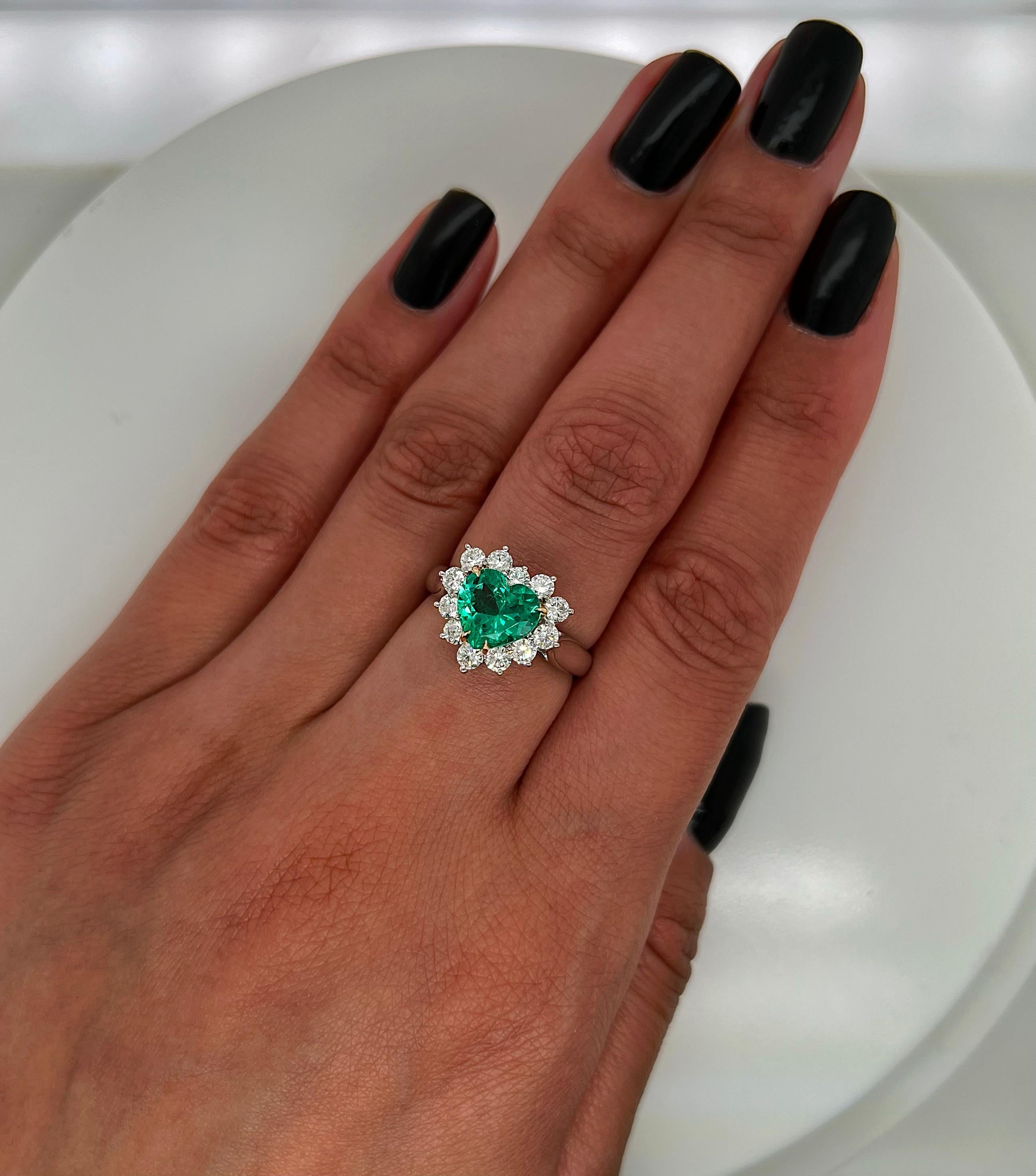 Heart Cut 2.25 Total Carat Green Emerald and Diamond Ladies Ring For Sale