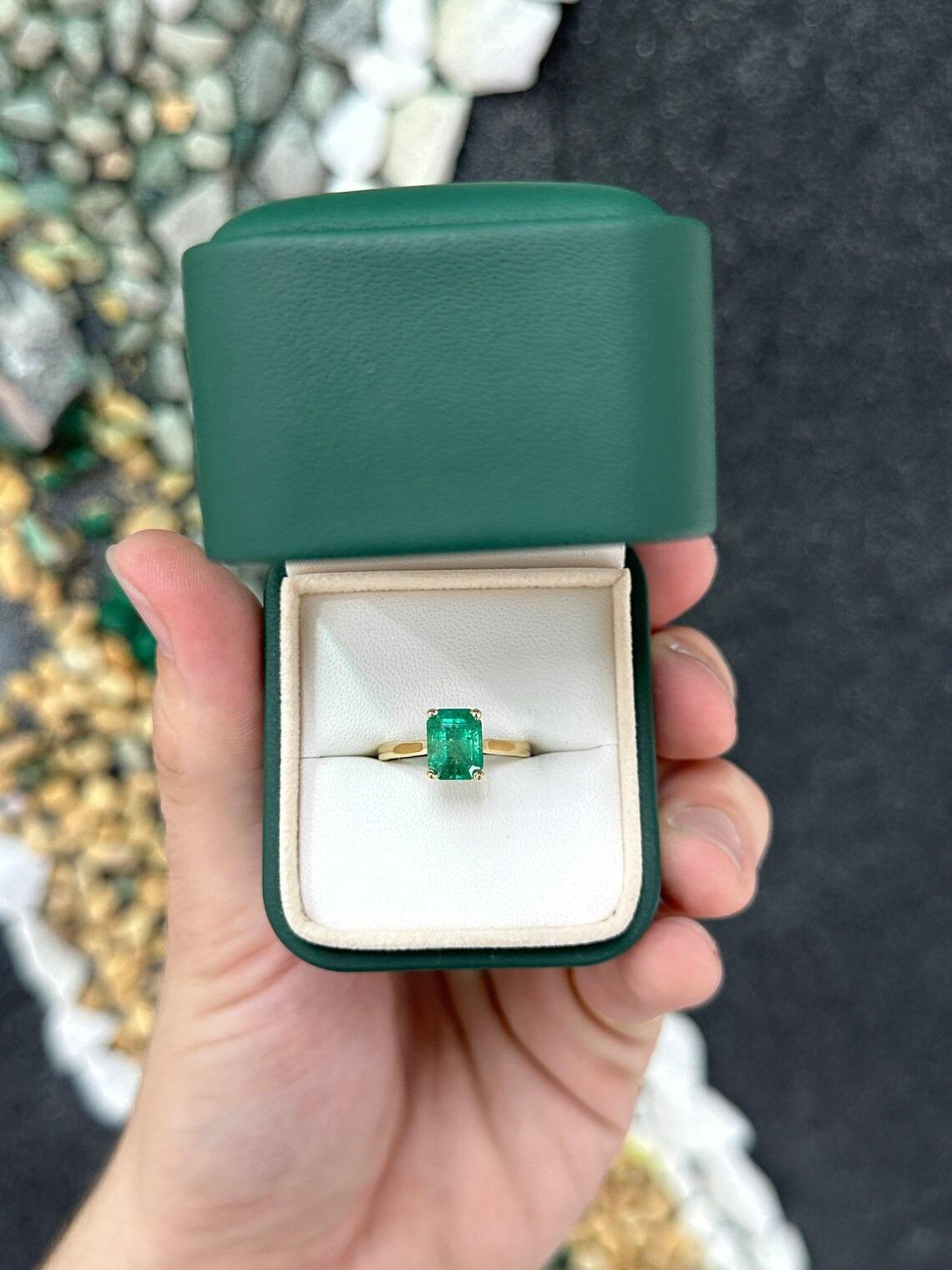 Modern 2.25ct 14K Medium Dark Green Emerald Cut Emerald 4 Prong Solitaire Ring For Sale