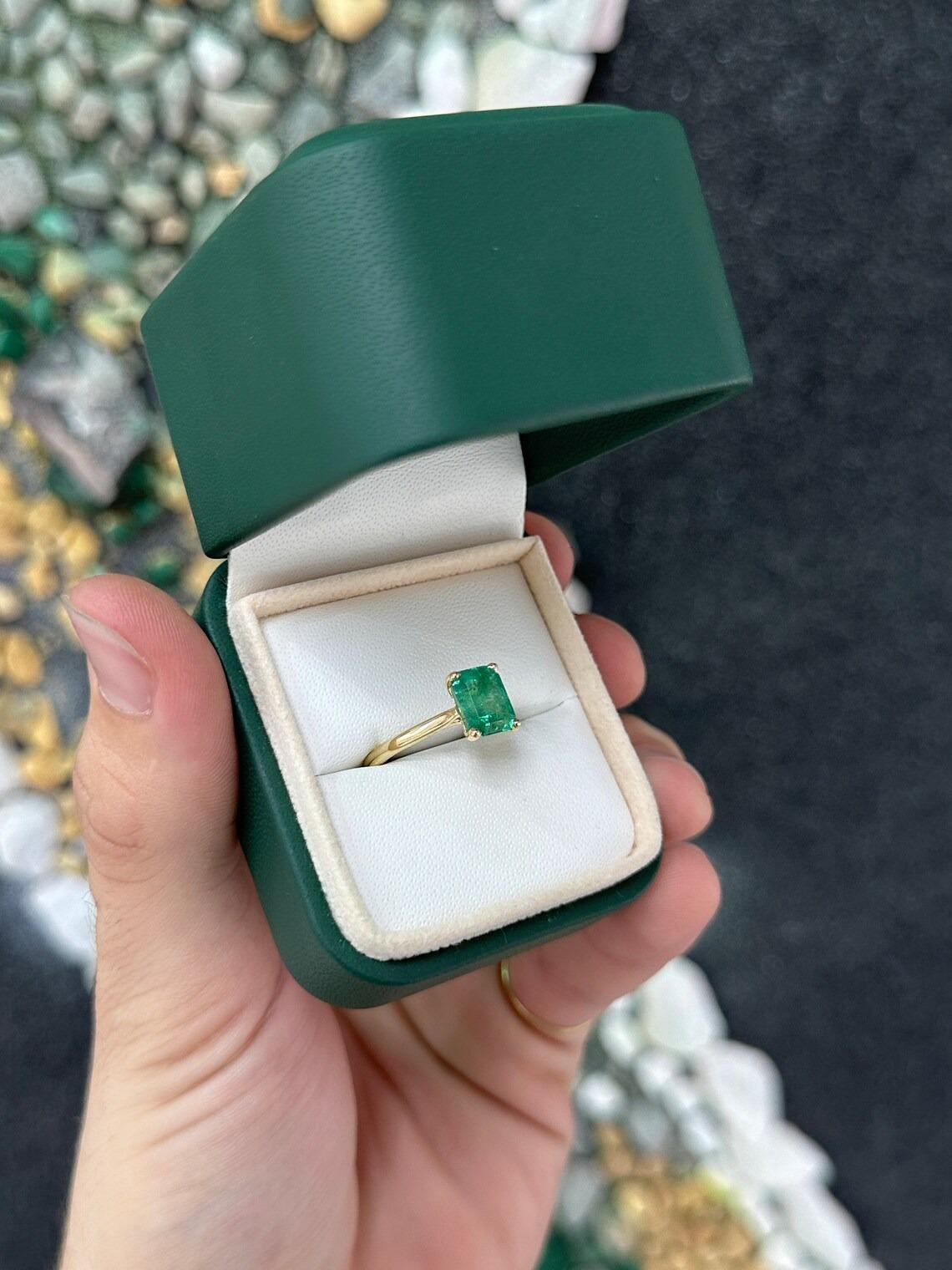 2.25ct 14K Medium Dark Green Emerald Cut Emerald 4 Prong Solitaire Ring In New Condition For Sale In Jupiter, FL